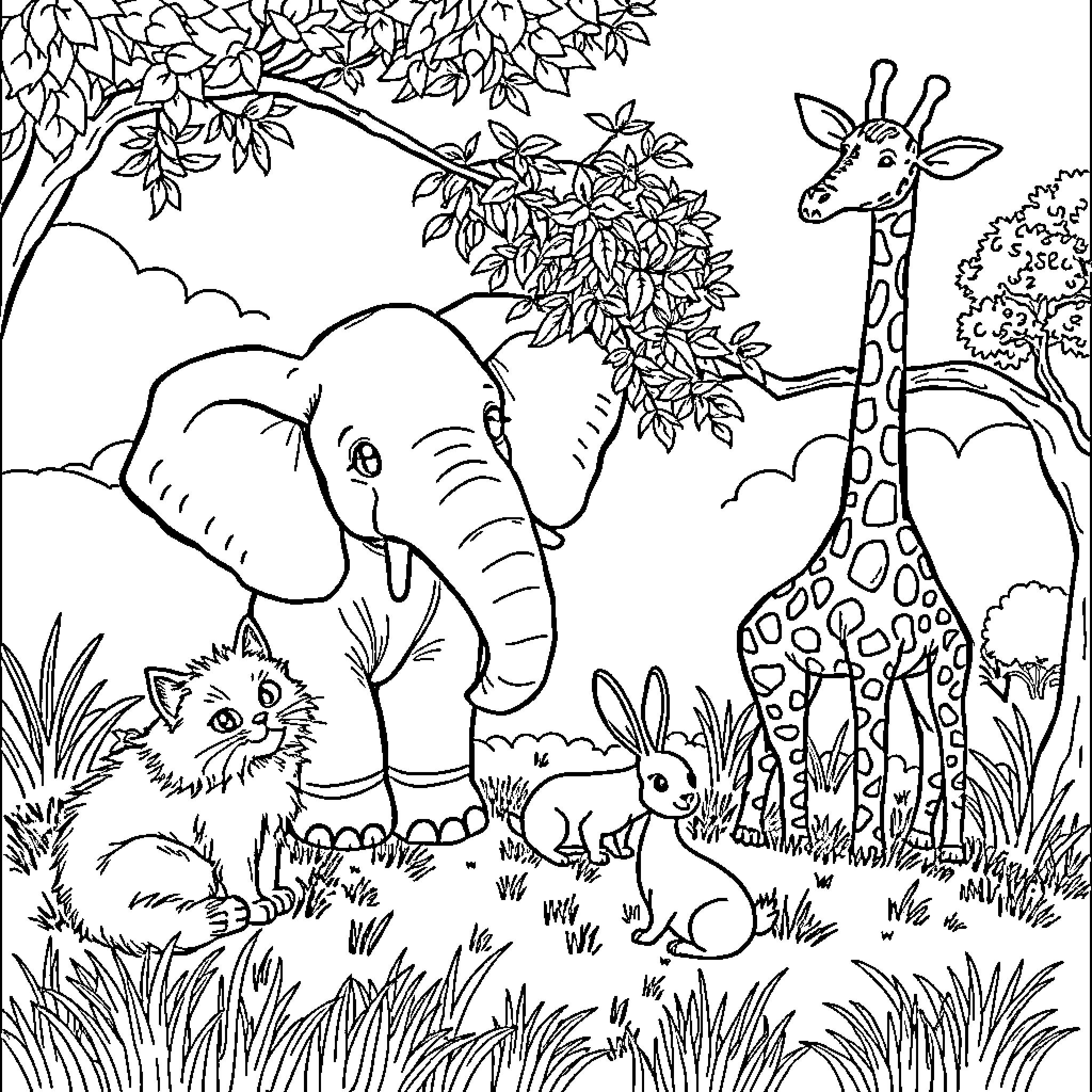 Animal friends in the peaceful jungle Coloring Page (free black-and-white line drawing printable PDF for all, from beginners to advanced learners, including children, teens, adults, and seniors)