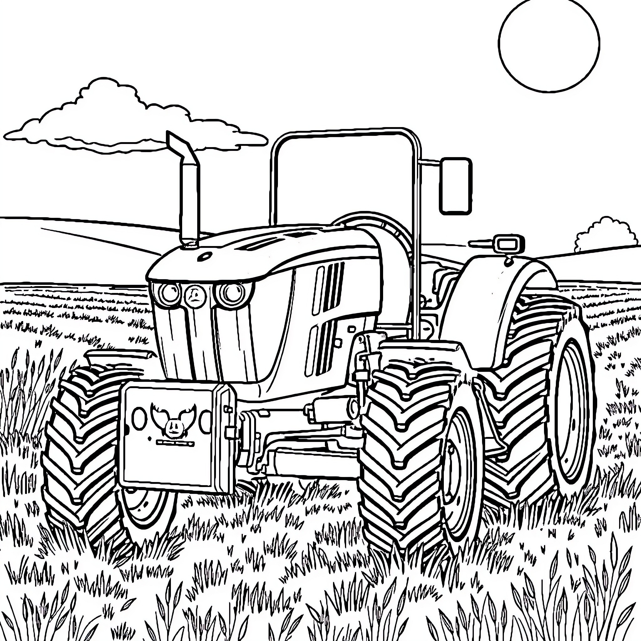 John Deere tractor working in the field Coloring Page (free black-and-white line drawing printable PDF for all, from beginners to advanced learners, including children, teens, adults, and seniors)