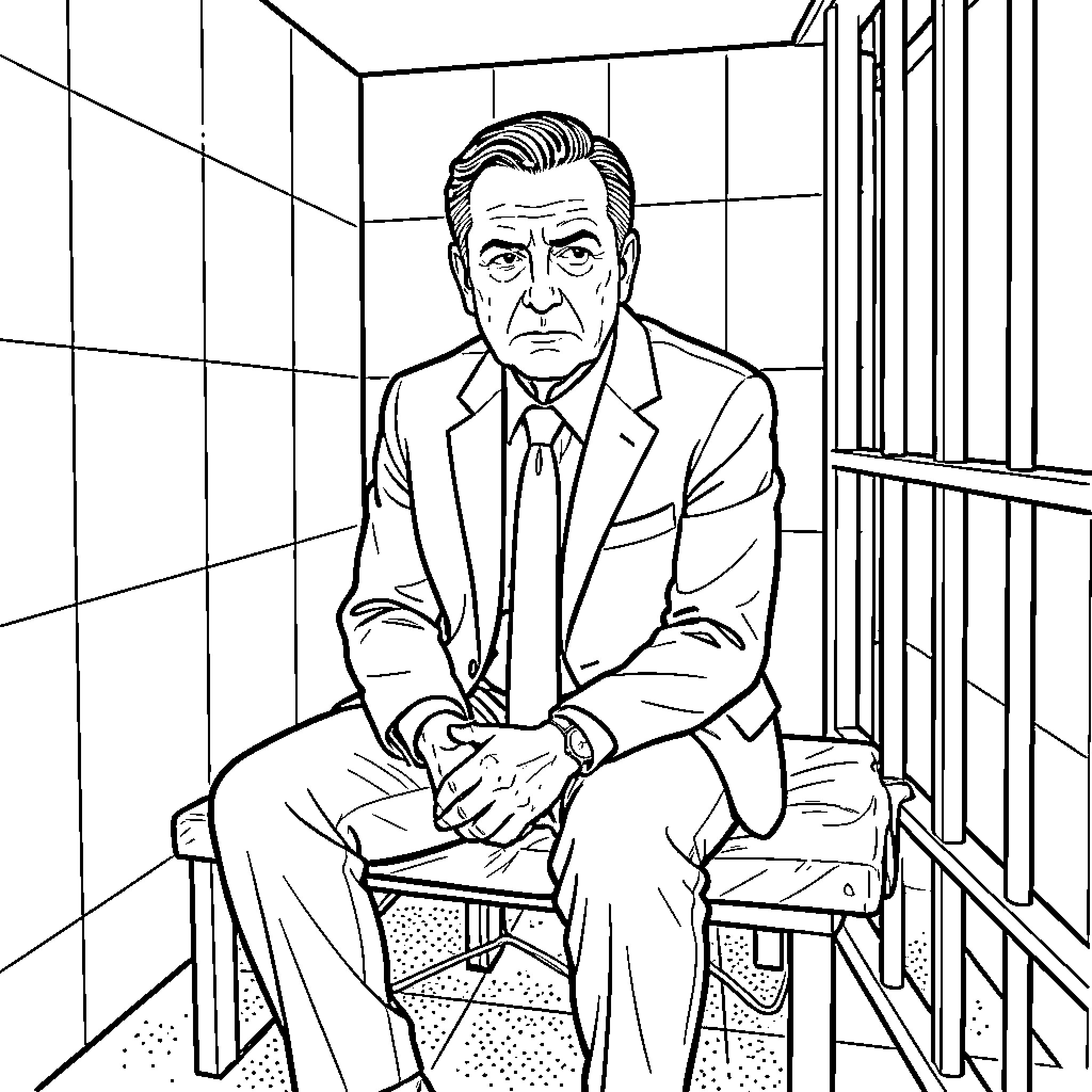 Nicolas Sarkozy sitting pensively in a prison cell Coloring Page (free black-and-white line drawing printable PDF for all, from beginners to advanced learners, including children, teens, adults, and seniors)