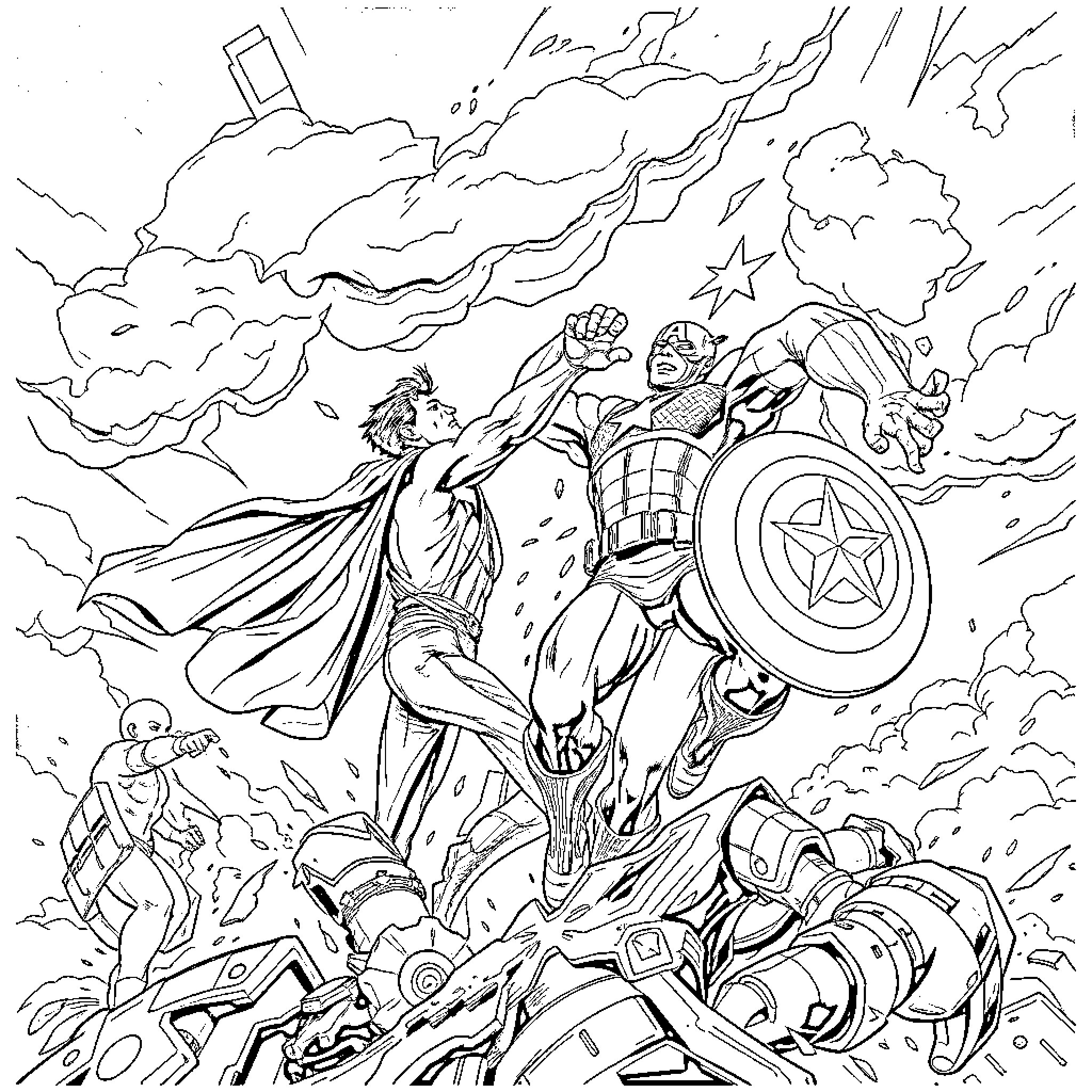 Superman battling villains in an epic showdown Coloring Page (free black-and-white line drawing printable PDF for all, from beginners to advanced learners, including children, teens, adults, and seniors)