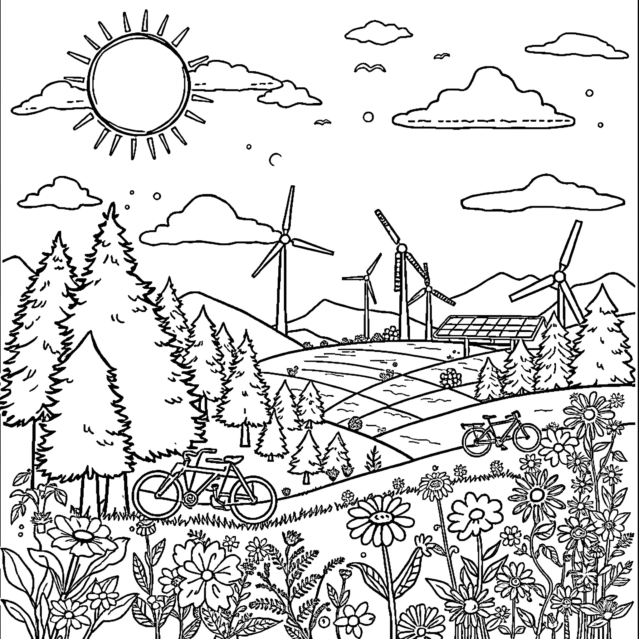 Plant-themed renewable energy landscape Coloring Page (free black-and-white line drawing printable PDF for all, from beginners to advanced learners, including children, teens, adults, and seniors)