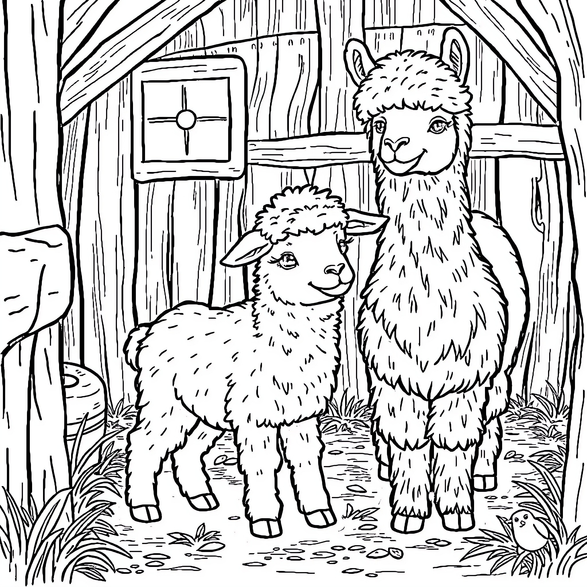 Lamb exploring a rustic barn with its parent Coloring Page (free black-and-white line drawing printable PDF for all, from beginners to advanced learners, including children, teens, adults, and seniors)
