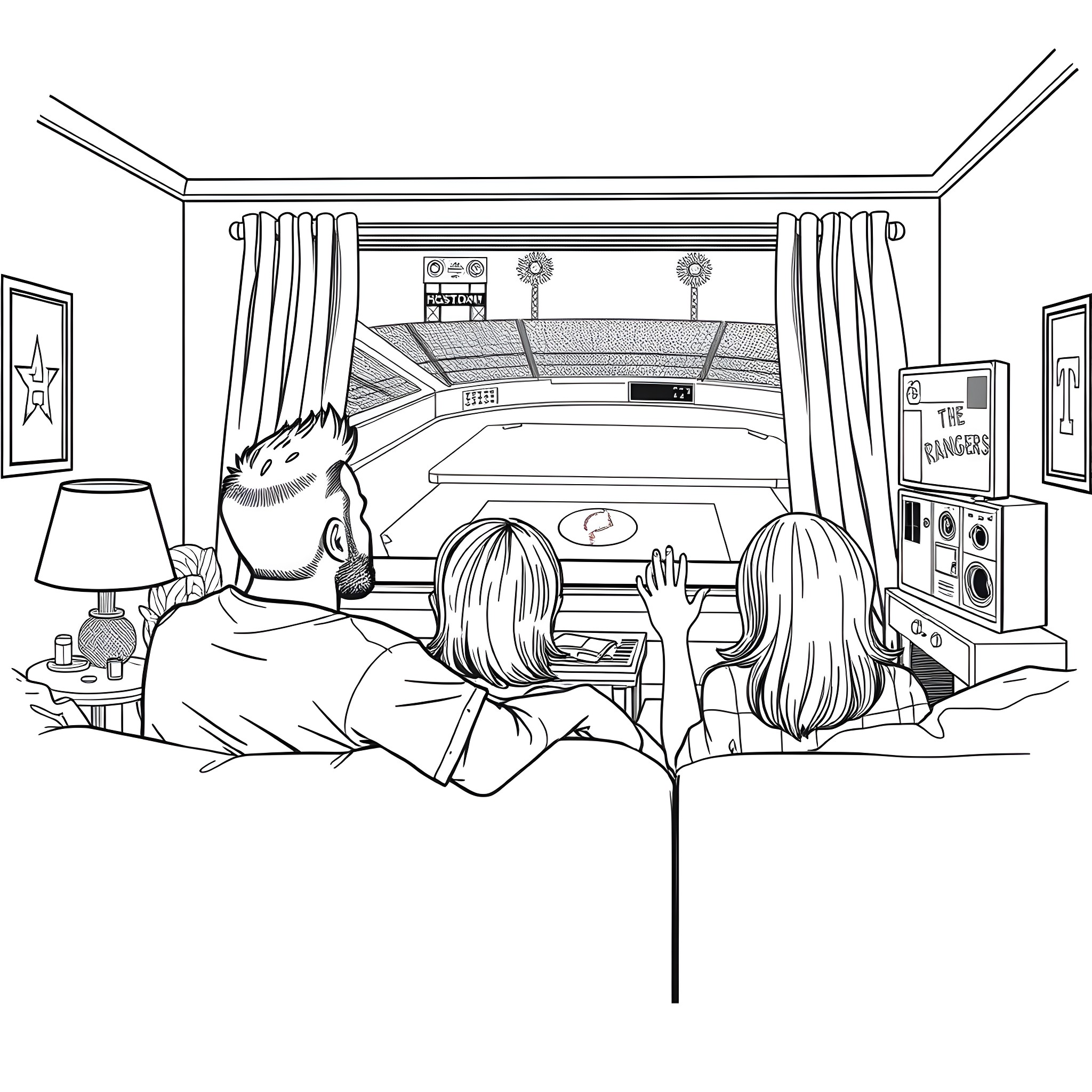 Husband and wife watching TV together Coloring Page (free black-and-white line drawing printable PDF for all, from beginners to advanced learners, including children, teens, adults, and seniors)