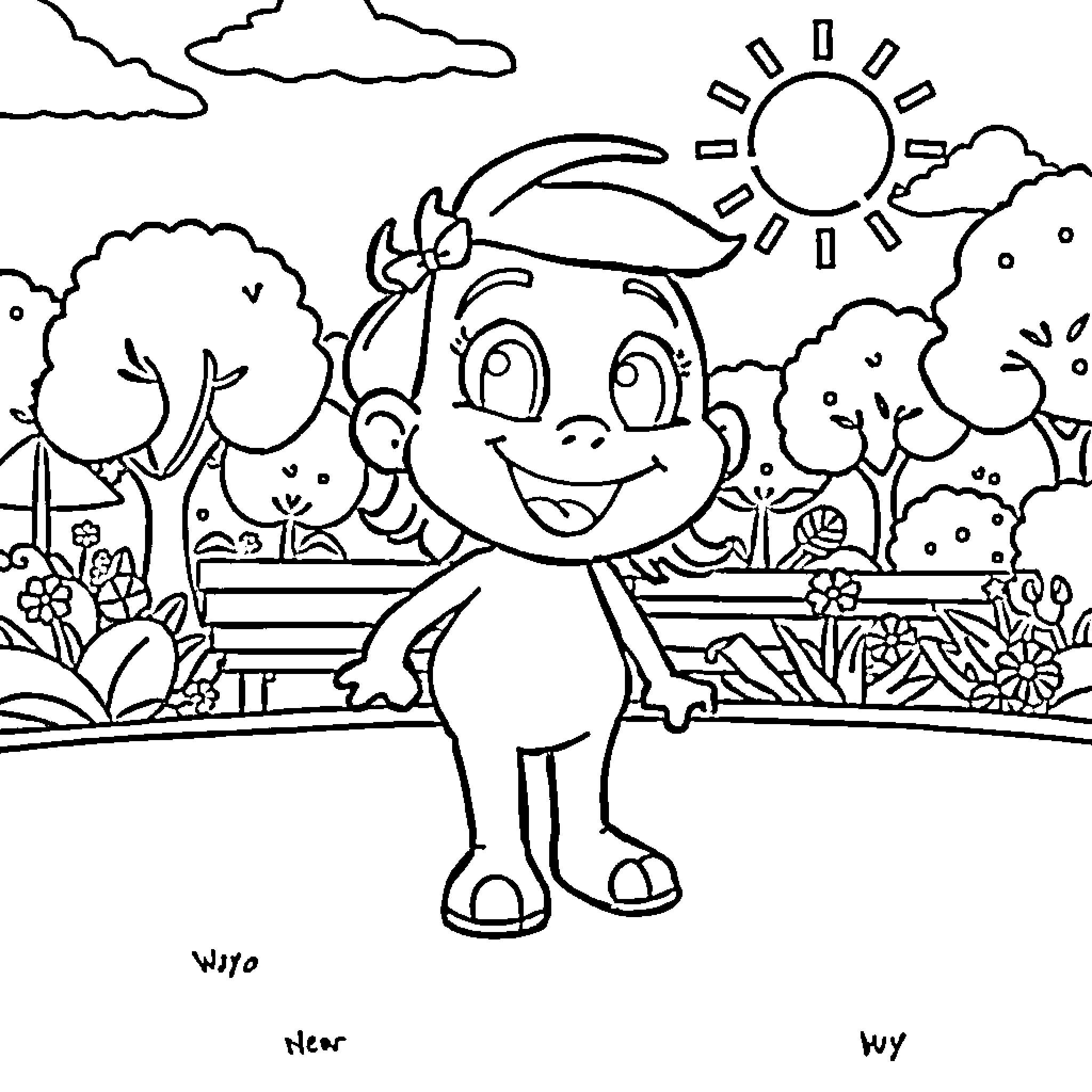 Coco's Adventure in the Enchanting Outdoors Coloring Page (free black-and-white line drawing printable PDF for all, from beginners to advanced learners, including children, teens, adults, and seniors)
