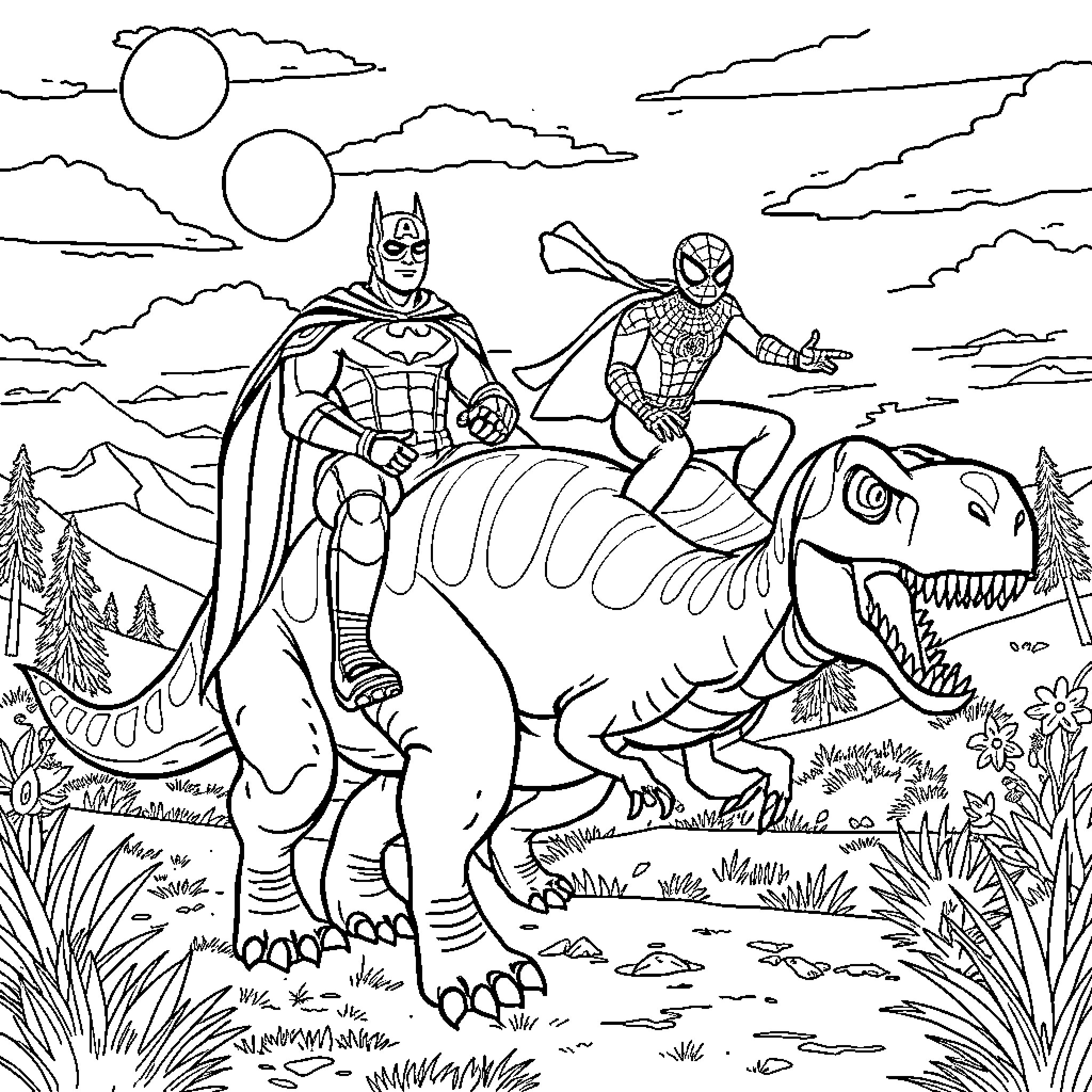 Dinosaur Superhero Adventure in the Wild Coloring Page (free black-and-white line drawing printable PDF for all, from beginners to advanced learners, including children, teens, adults, and seniors)