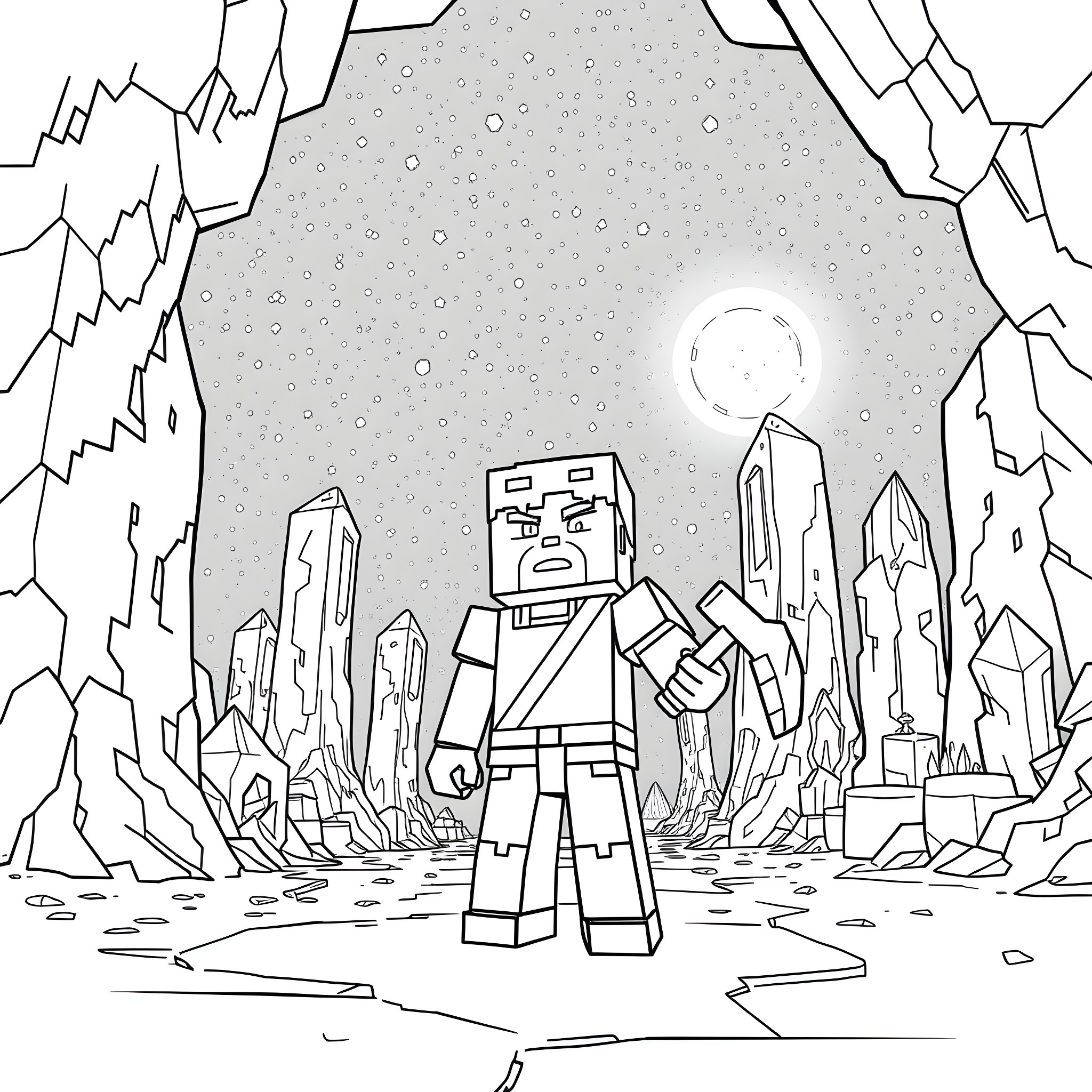 Steve's Minecraft Adventure in a Mysterious Landscape Coloring Page (free black-and-white line drawing printable PDF for all, from beginners to advanced learners, including children, teens, adults, and seniors)