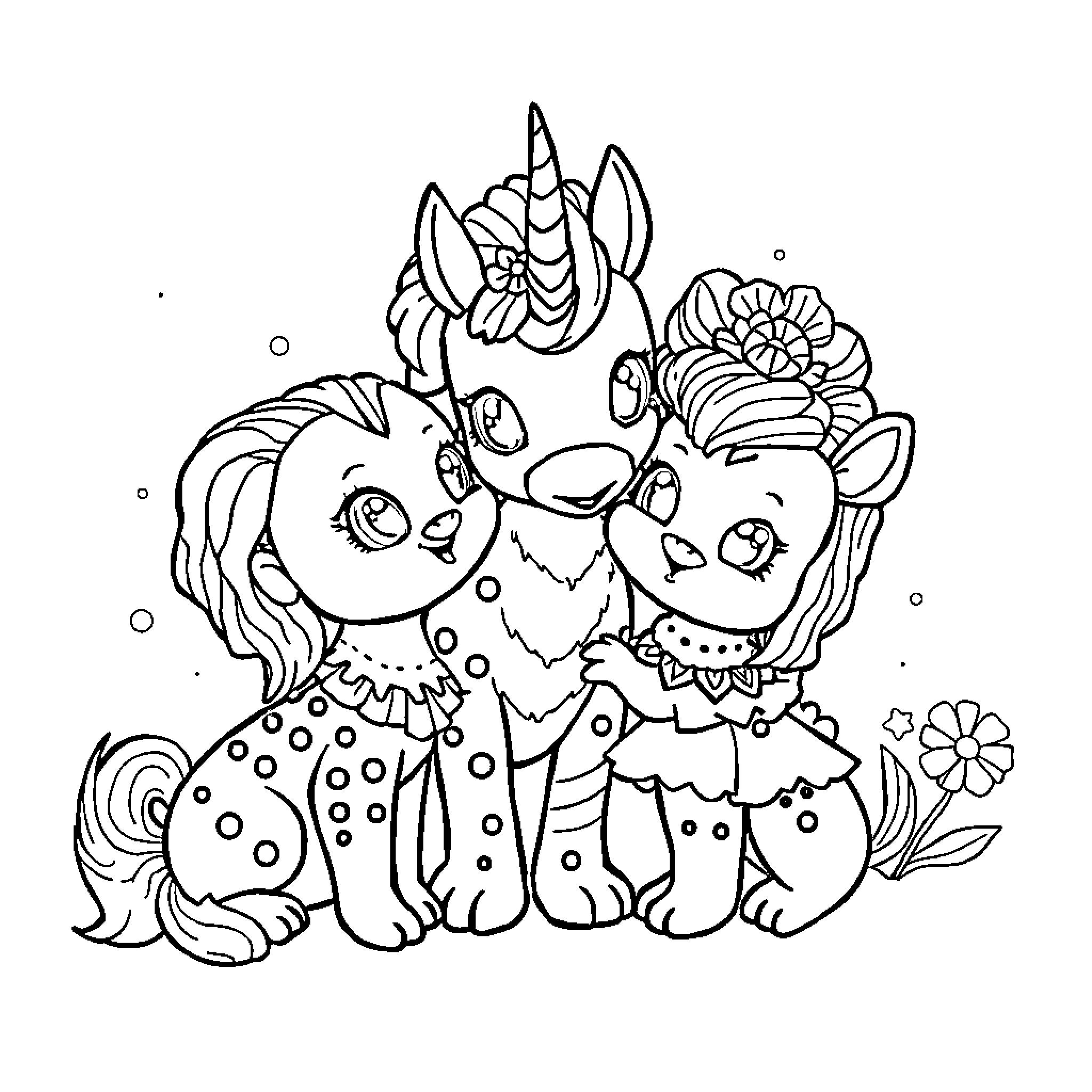 Tralalerito Magical Creatures Playing Joyfully Together Coloring Page (free black-and-white line drawing printable PDF for all, from beginners to advanced learners, including children, teens, adults, and seniors)