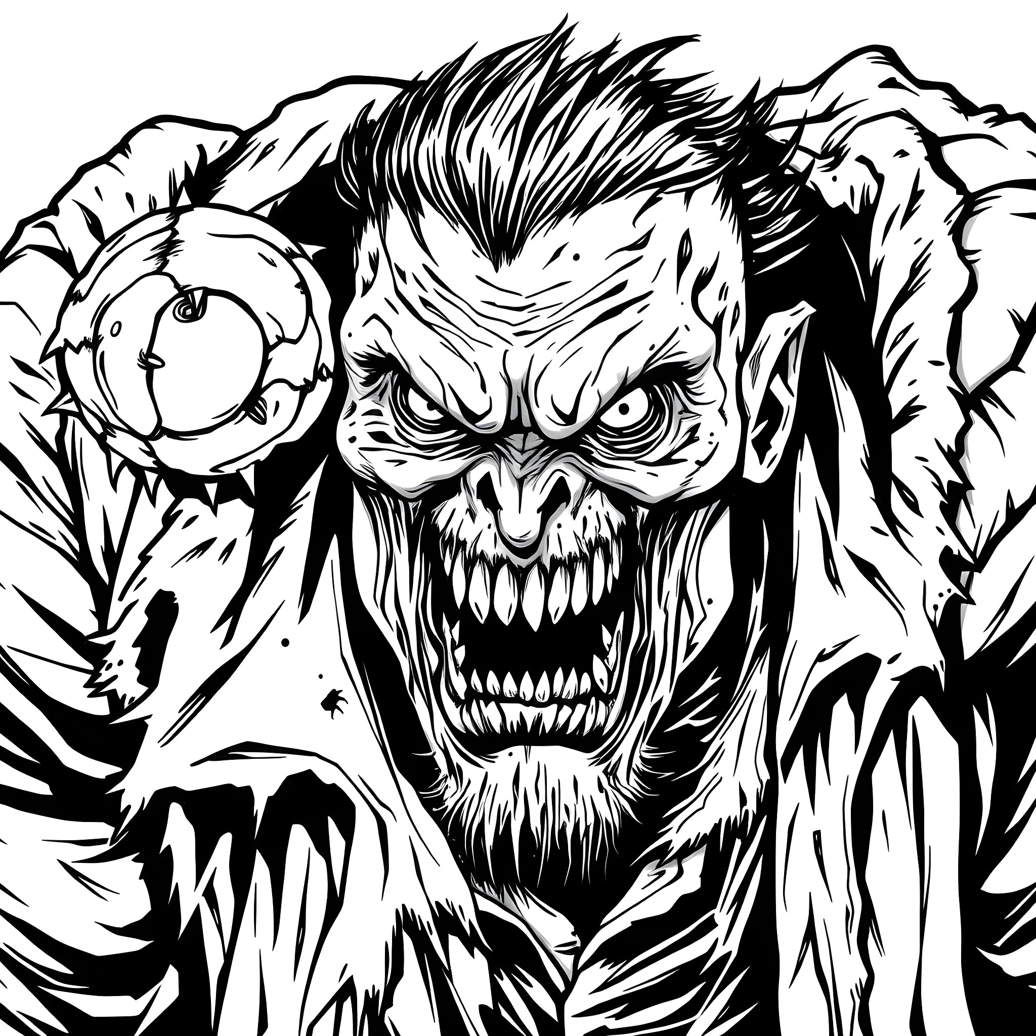 Zombie Creature with Terrifying Expression Coloring Page (free black-and-white line drawing printable PDF for all, from beginners to advanced learners, including children, teens, adults, and seniors)