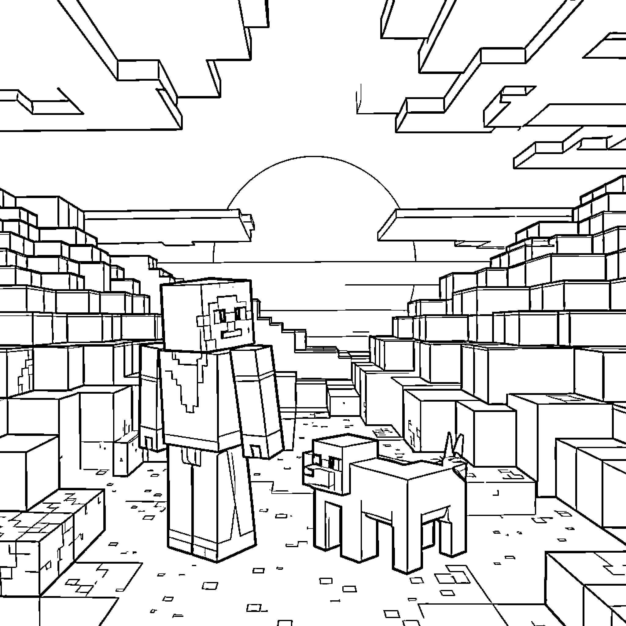 Steve standing with his dog in a blocky landscape Coloring Page (free black-and-white line drawing printable PDF for all, from beginners to advanced learners, including children, teens, adults, and seniors)