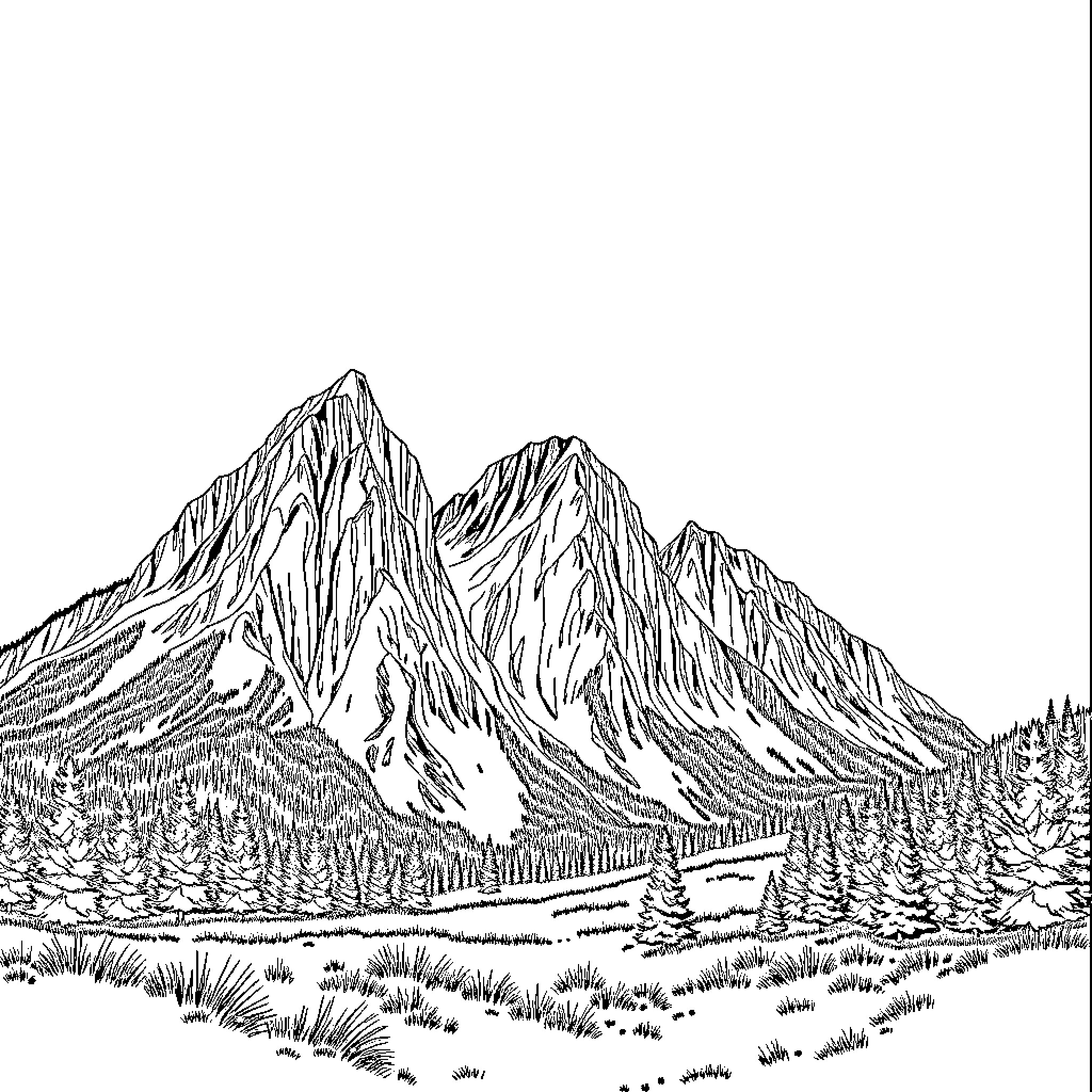 Mountain landscape with towering peaks and pine forest Coloring Page (free black-and-white line drawing printable PDF for all, from beginners to advanced learners, including children, teens, adults, and seniors)