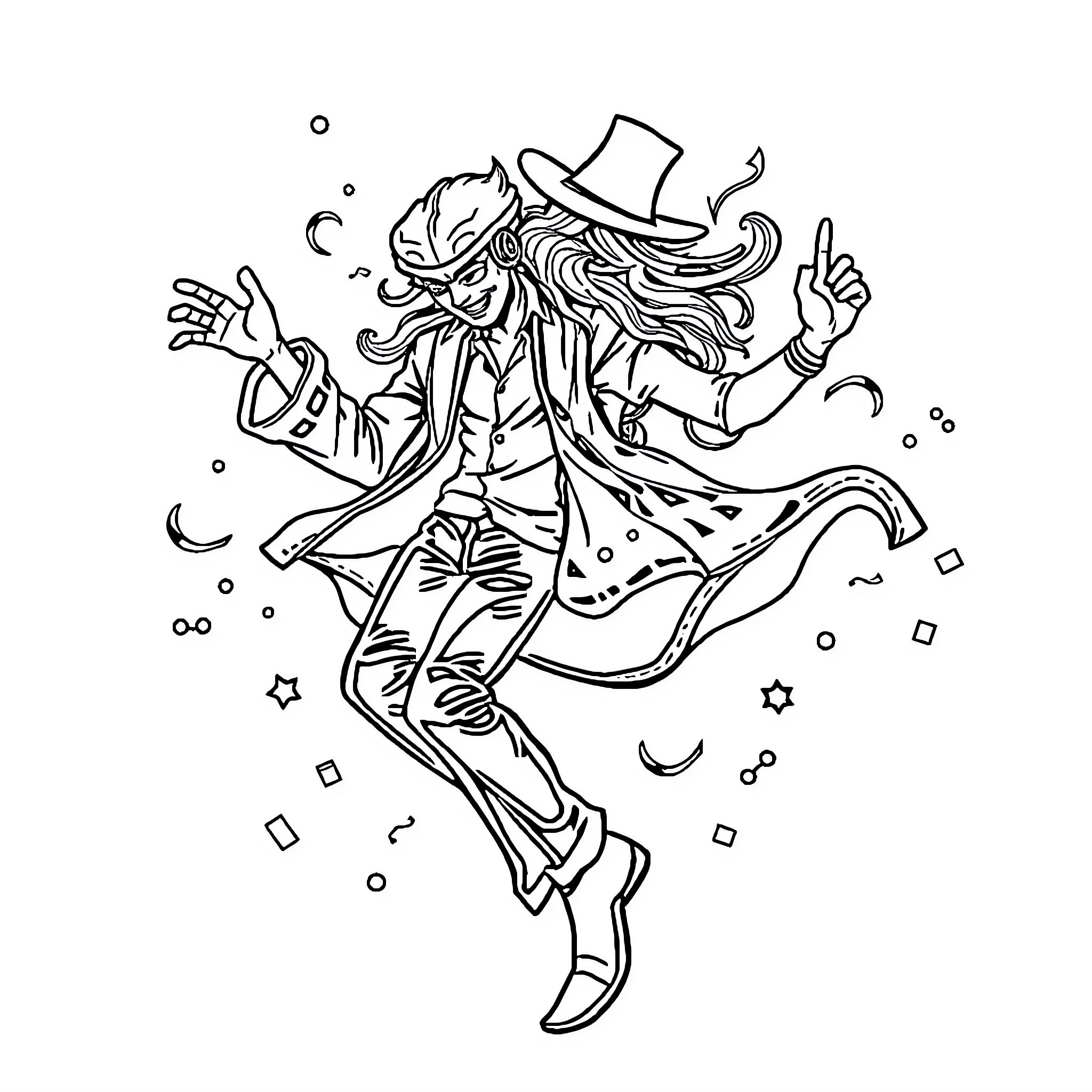 UFO Alien Dancing Enthusiastically in Space Coloring Page (free black-and-white line drawing printable PDF for all, from beginners to advanced learners, including children, teens, adults, and seniors)