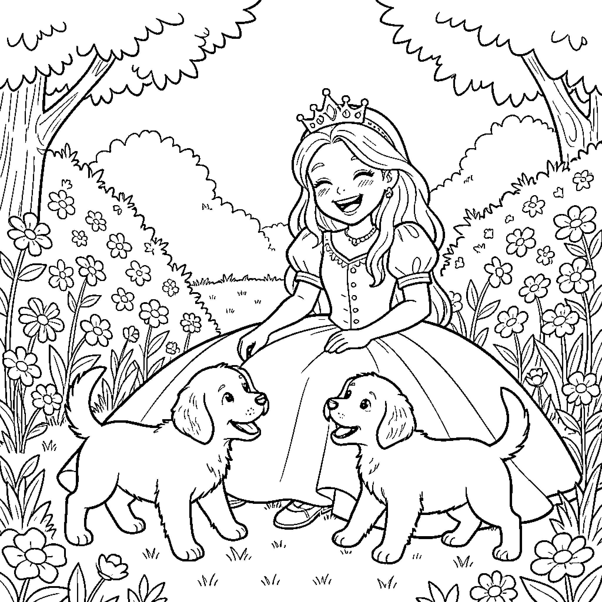 Princess smiling while playing with two puppies Coloring Page (free black-and-white line drawing printable PDF for all, from beginners to advanced learners, including children, teens, adults, and seniors)