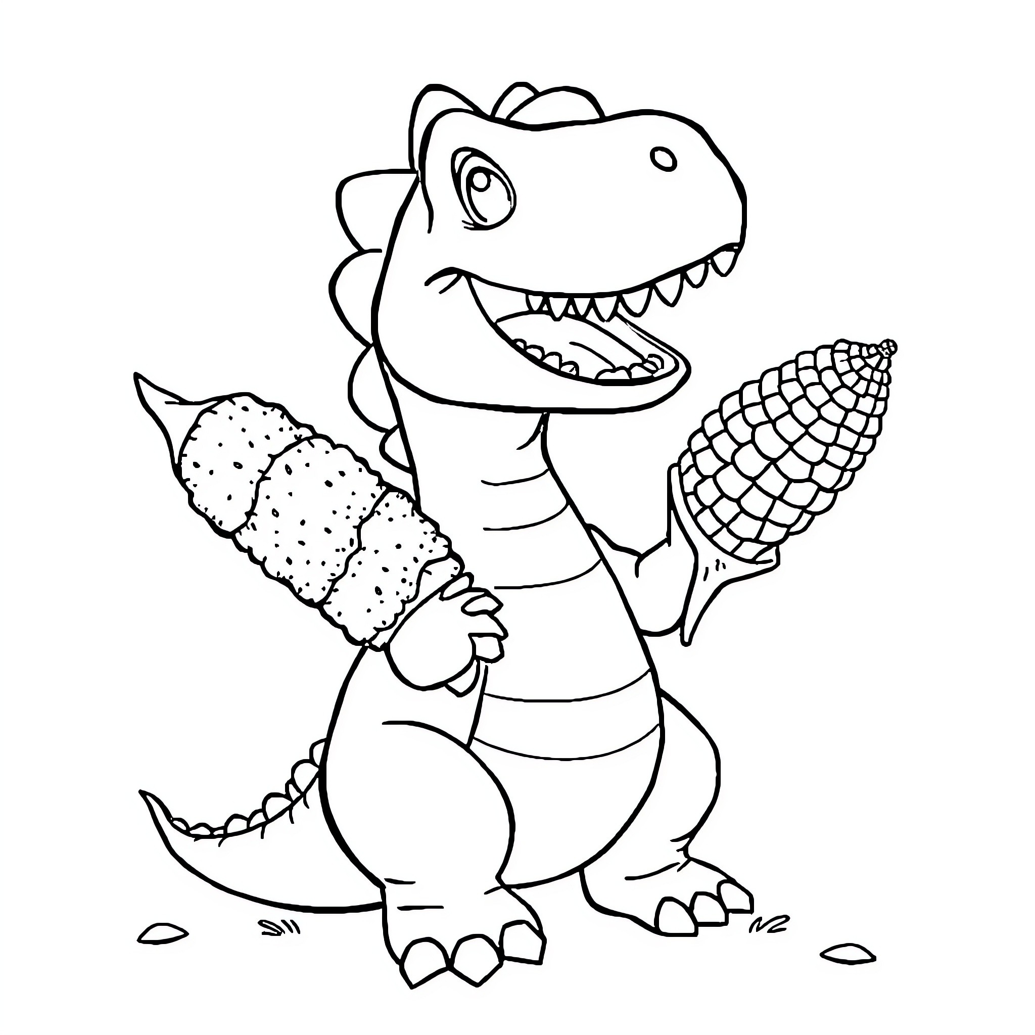 Corn Dinosaur Happily Holding Corn Cob Coloring Page (free black-and-white line drawing printable PDF for all, from beginners to advanced learners, including children, teens, adults, and seniors)