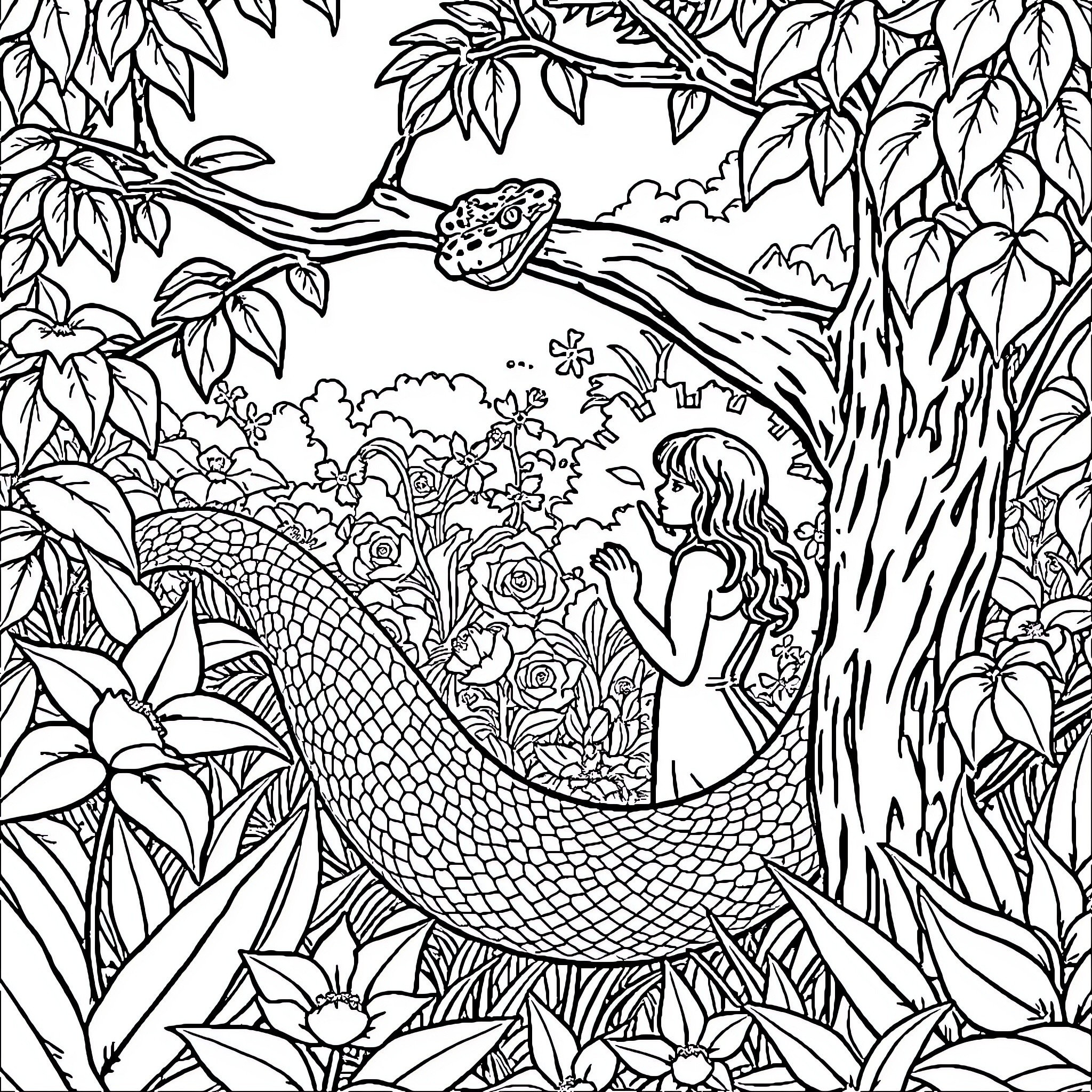 Snake curled in a lush forest scene with a mermaid Coloring Page (free black-and-white line drawing printable PDF for all, from beginners to advanced learners, including children, teens, adults, and seniors)