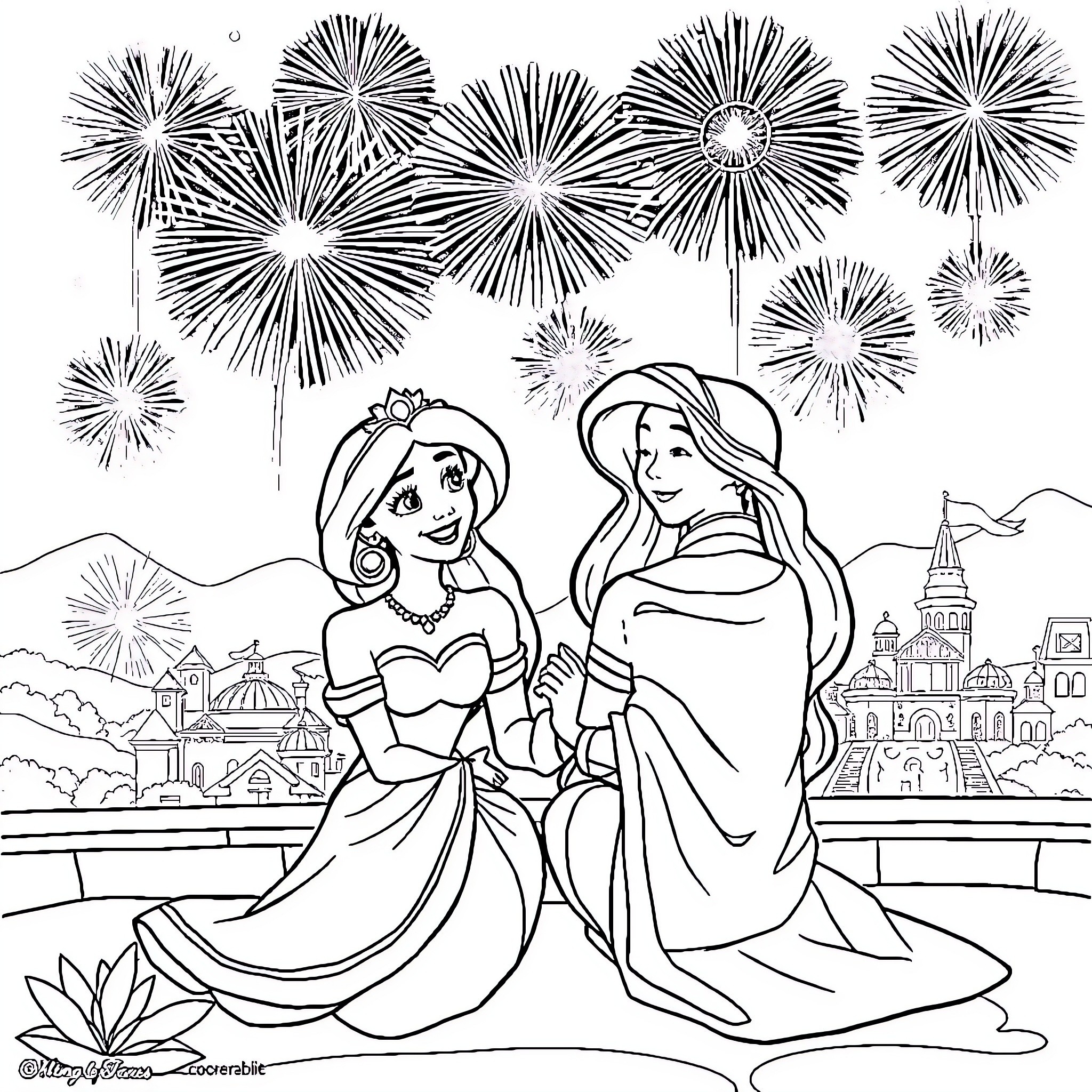 Princess Enjoying Fireworks with Friend Coloring Page (free black-and-white line drawing printable PDF for all, from beginners to advanced learners, including children, teens, adults, and seniors)