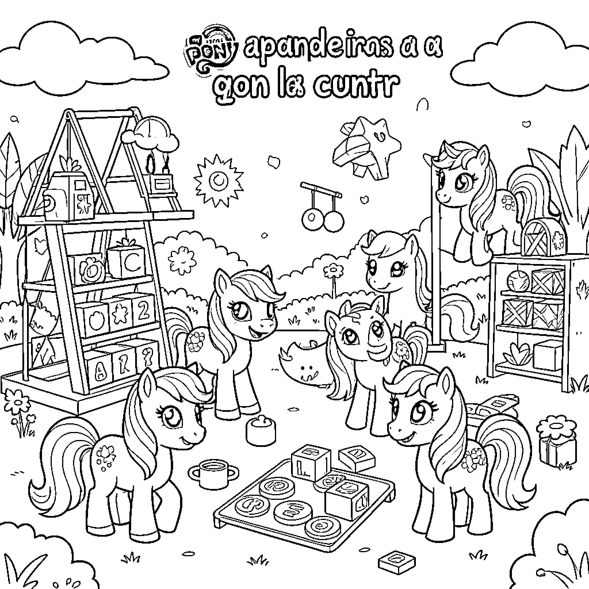 My Little Pony characters playing with toys together Coloring Page (free black-and-white line drawing printable PDF for all, from beginners to advanced learners, including children, teens, adults, and seniors)