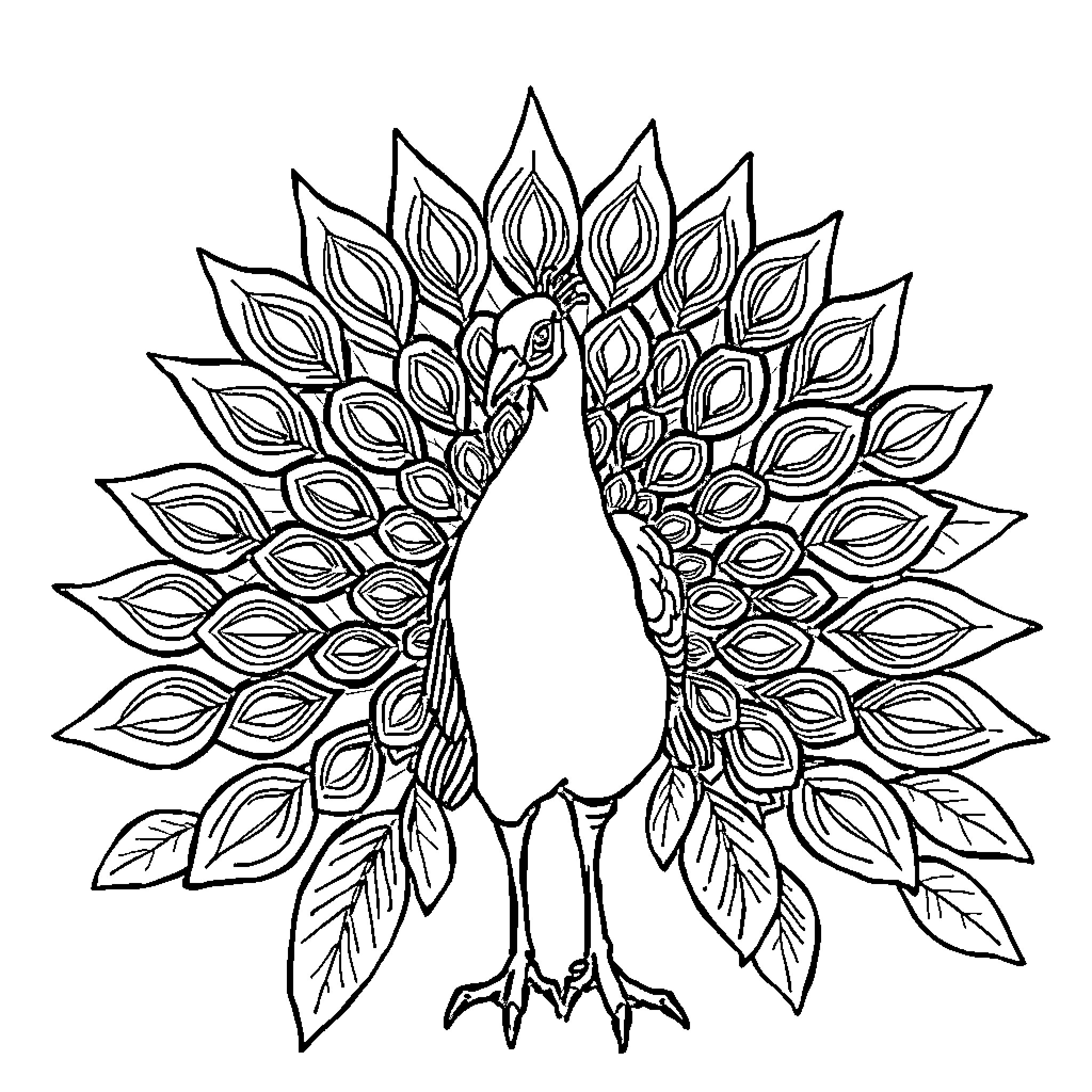 Peacock with ornate feather display Coloring Page (free black-and-white line drawing printable PDF for all, from beginners to advanced learners, including children, teens, adults, and seniors)