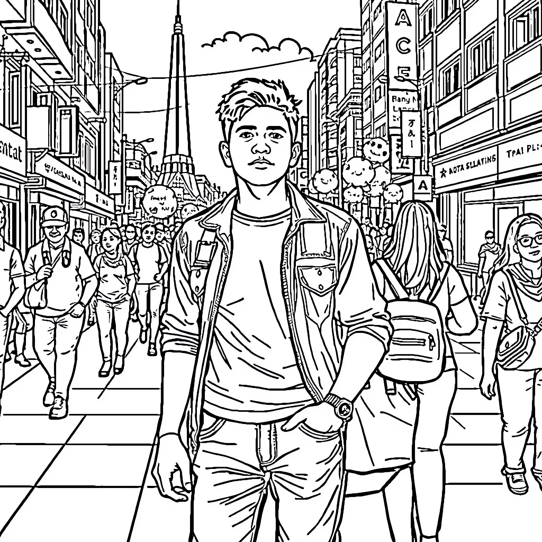 Pemuda Navigating Busy City Streets Coloring Page (free black-and-white line drawing printable PDF for all, from beginners to advanced learners, including children, teens, adults, and seniors)