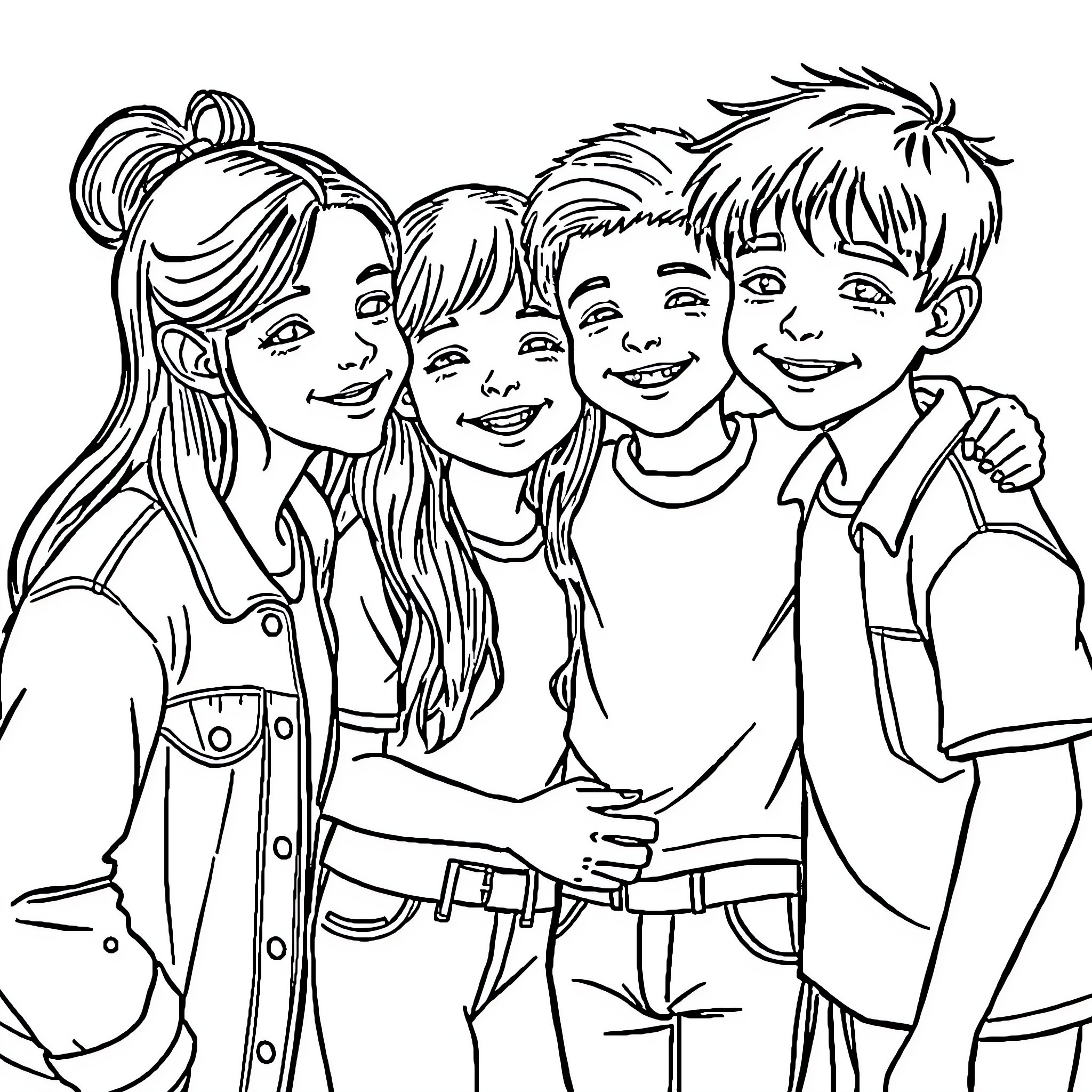 Girl Friends Posing Together Happily Coloring Page (free black-and-white line drawing printable PDF for all, from beginners to advanced learners, including children, teens, adults, and seniors)
