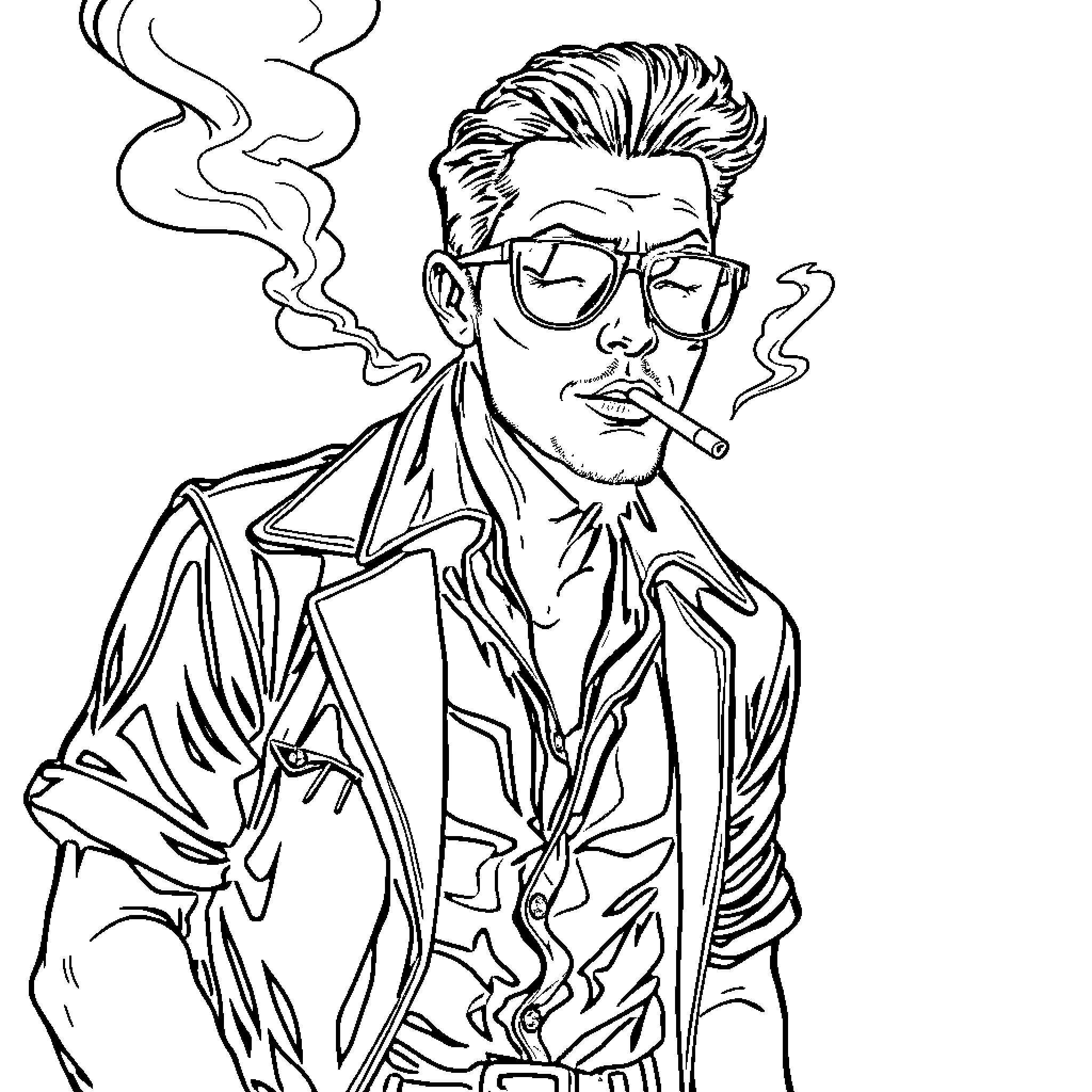 Rockabilly man with distinctive hairstyle and smoking Coloring Page (free black-and-white line drawing printable PDF for all, from beginners to advanced learners, including children, teens, adults, and seniors)