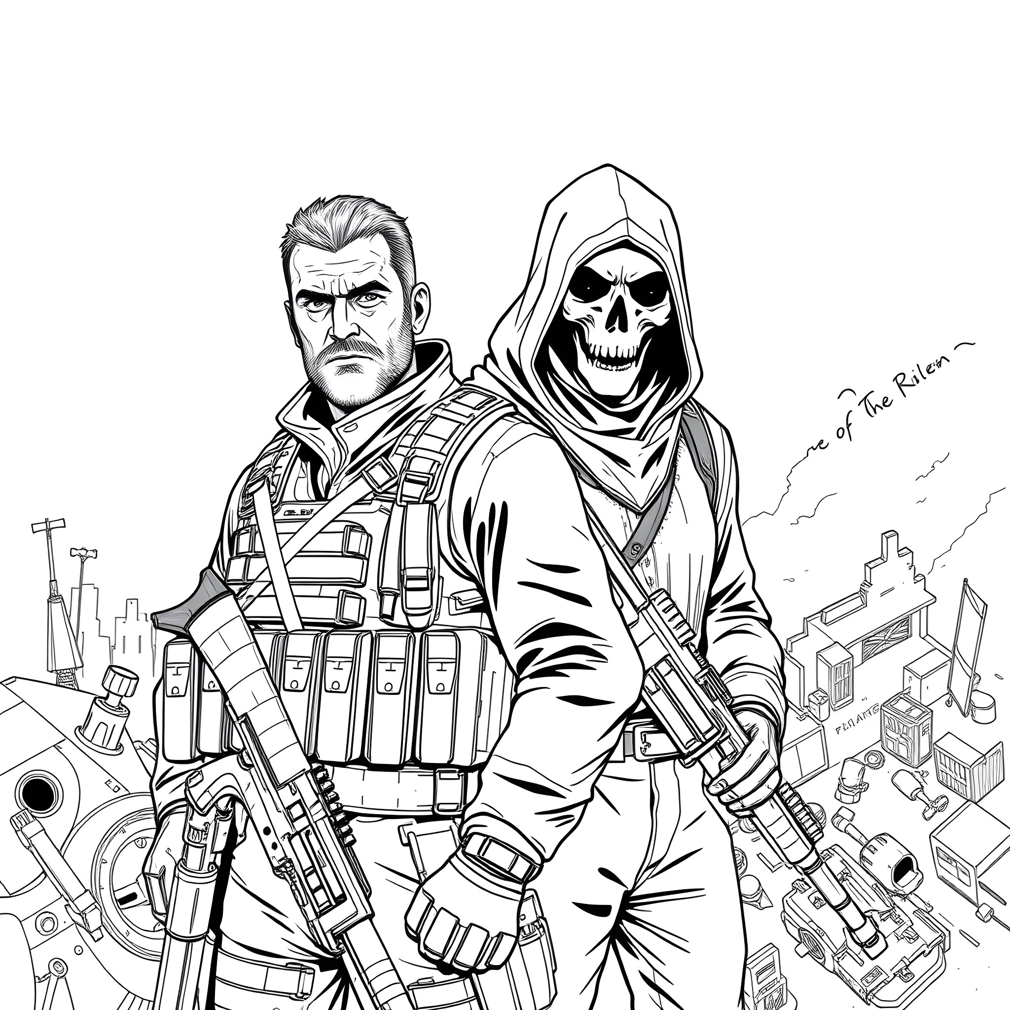 John MacTavish and a mysterious warrior in combat gear Coloring Page (free black-and-white line drawing printable PDF for all, from beginners to advanced learners, including children, teens, adults, and seniors)