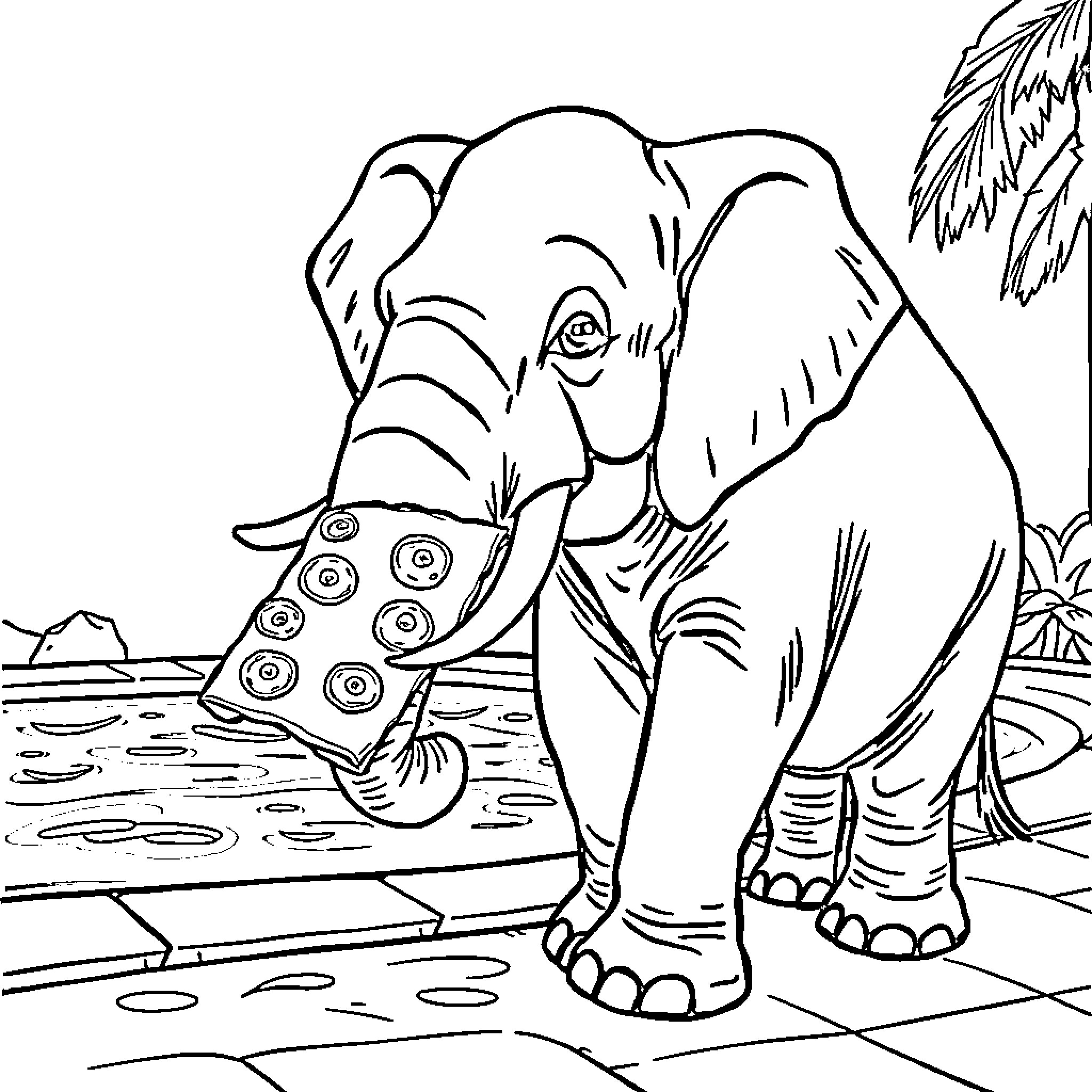 Elephant standing near a pond Coloring Page (free black-and-white line drawing printable PDF for all, from beginners to advanced learners, including children, teens, adults, and seniors)