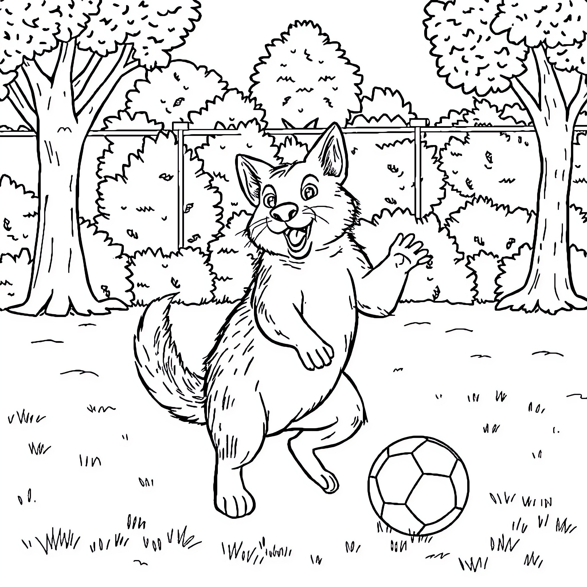 Perro jugando con pelota en parque Coloring Page (free black-and-white line drawing printable PDF for all, from beginners to advanced learners, including children, teens, adults, and seniors)