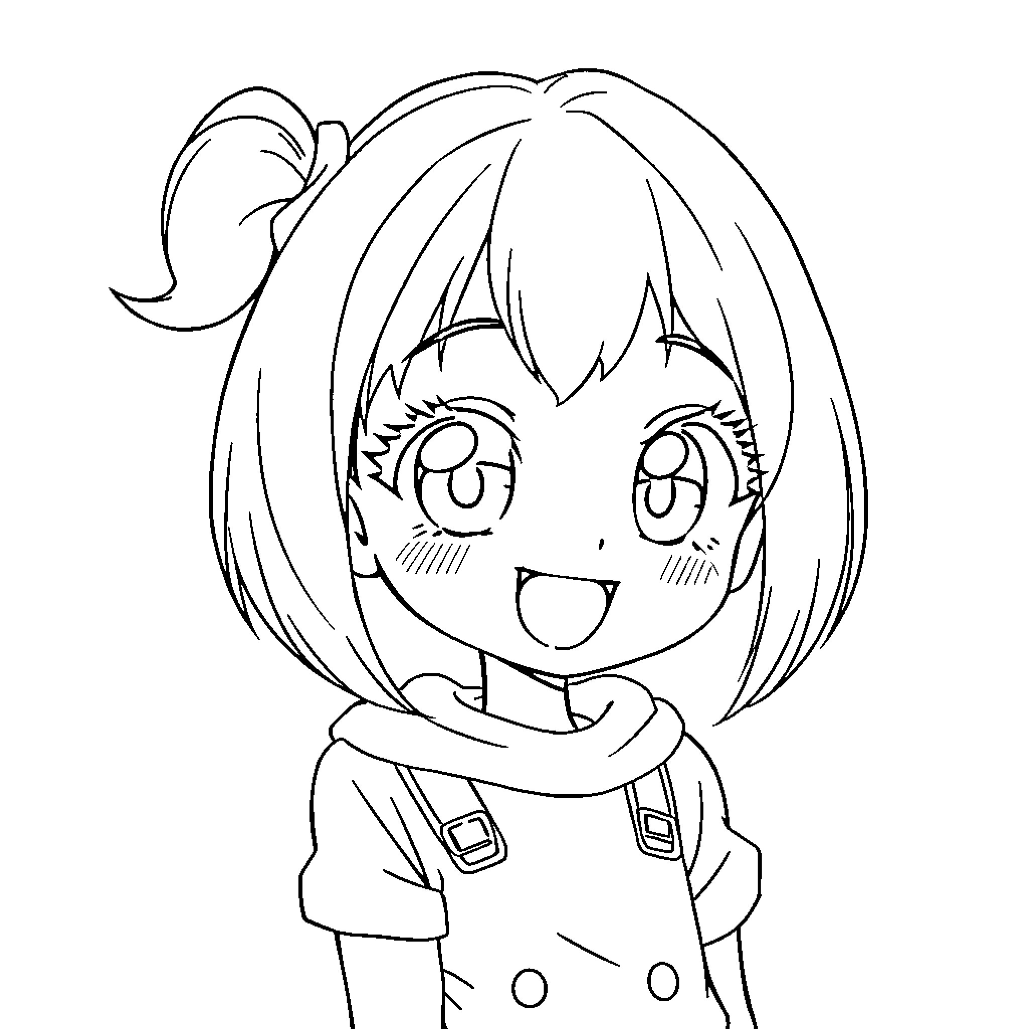 Anime Girl with a Cheerful Expression Coloring Page (free black-and-white line drawing printable PDF for all, from beginners to advanced learners, including children, teens, adults, and seniors)