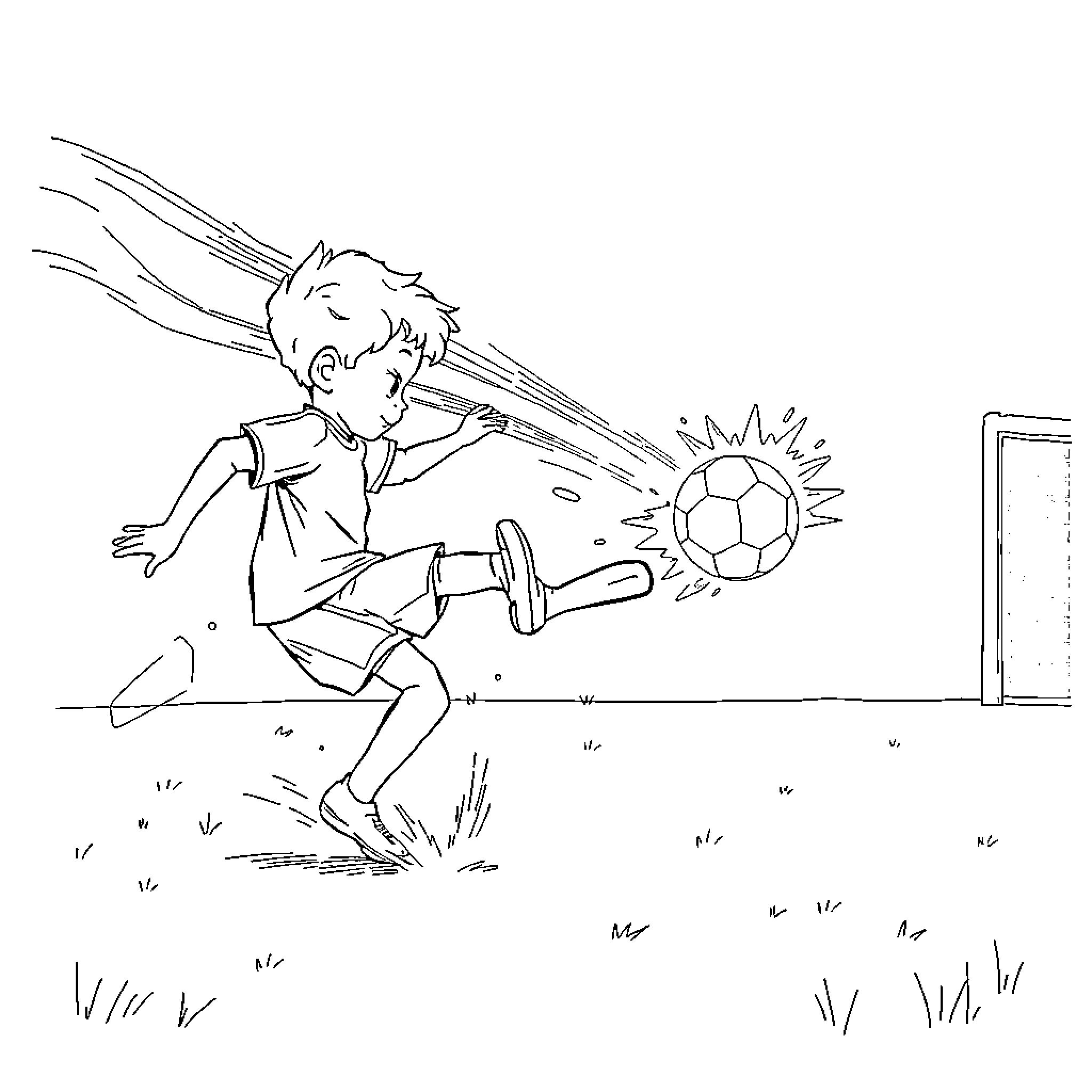 Child kicking soccer ball excitedly on field Coloring Page (free black-and-white line drawing printable PDF for all, from beginners to advanced learners, including children, teens, adults, and seniors)