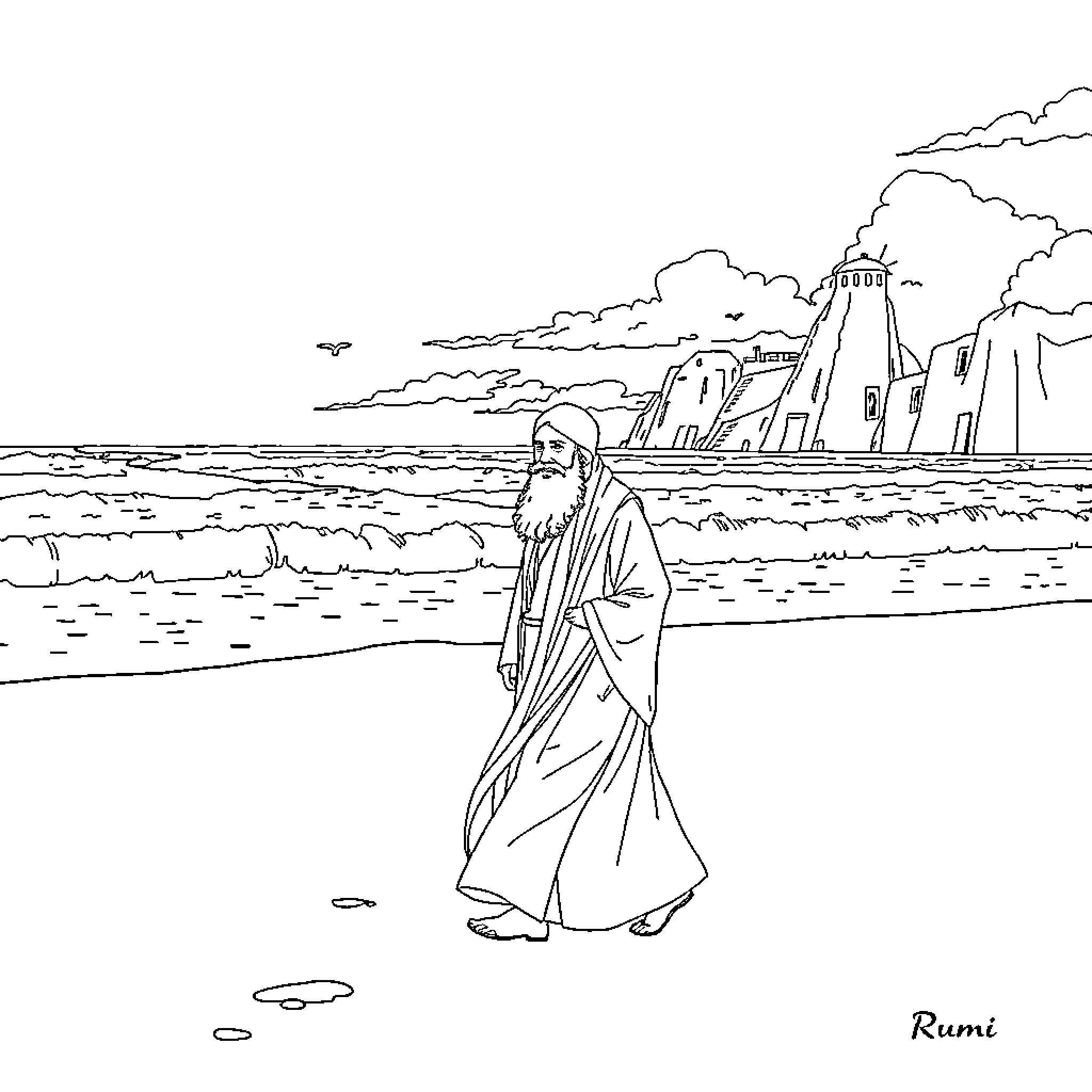 Rumi's Contemplative Walk by the Shoreline Coloring Page (free black-and-white line drawing printable PDF for all, from beginners to advanced learners, including children, teens, adults, and seniors)