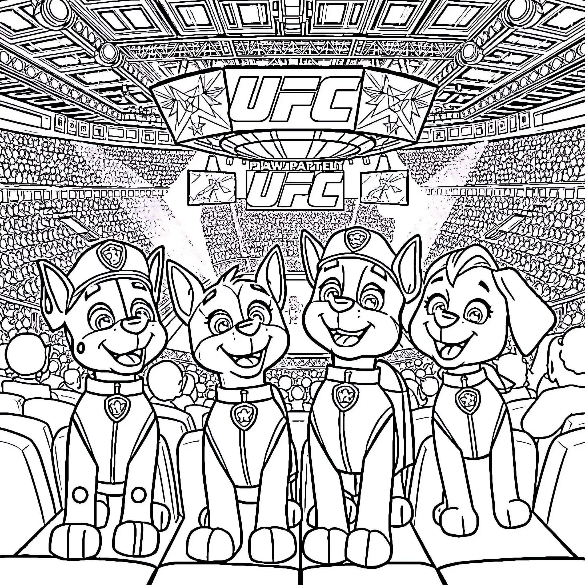 Paw Patrol team in the UFC arena Coloring Page (free black-and-white line drawing printable PDF for all, from beginners to advanced learners, including children, teens, adults, and seniors)