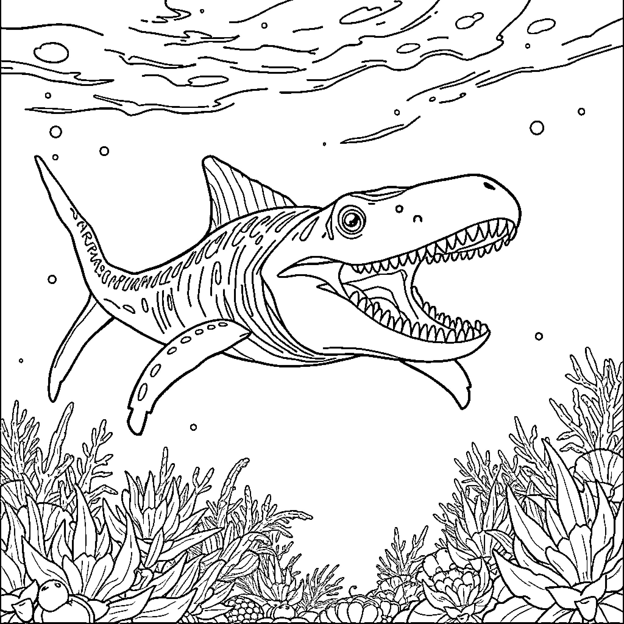 Mosasaur hunting among coral reef Coloring Page (free black-and-white line drawing printable PDF for all, from beginners to advanced learners, including children, teens, adults, and seniors)