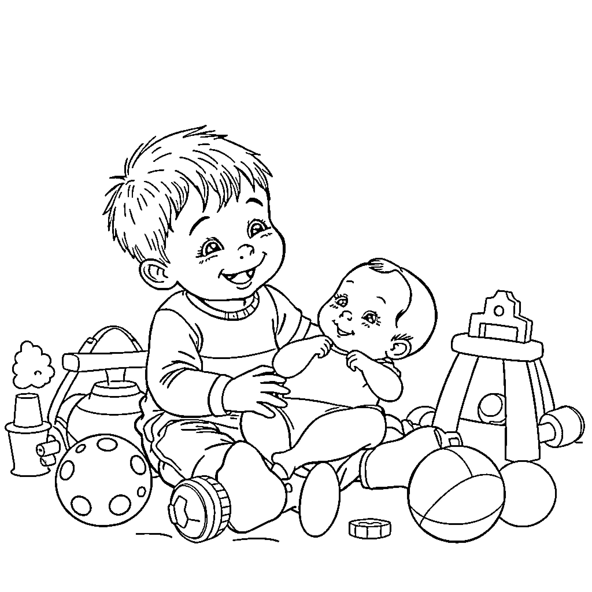 Boy playing happily with toys and dolls Coloring Page (free black-and-white line drawing printable PDF for all, from beginners to advanced learners, including children, teens, adults, and seniors)