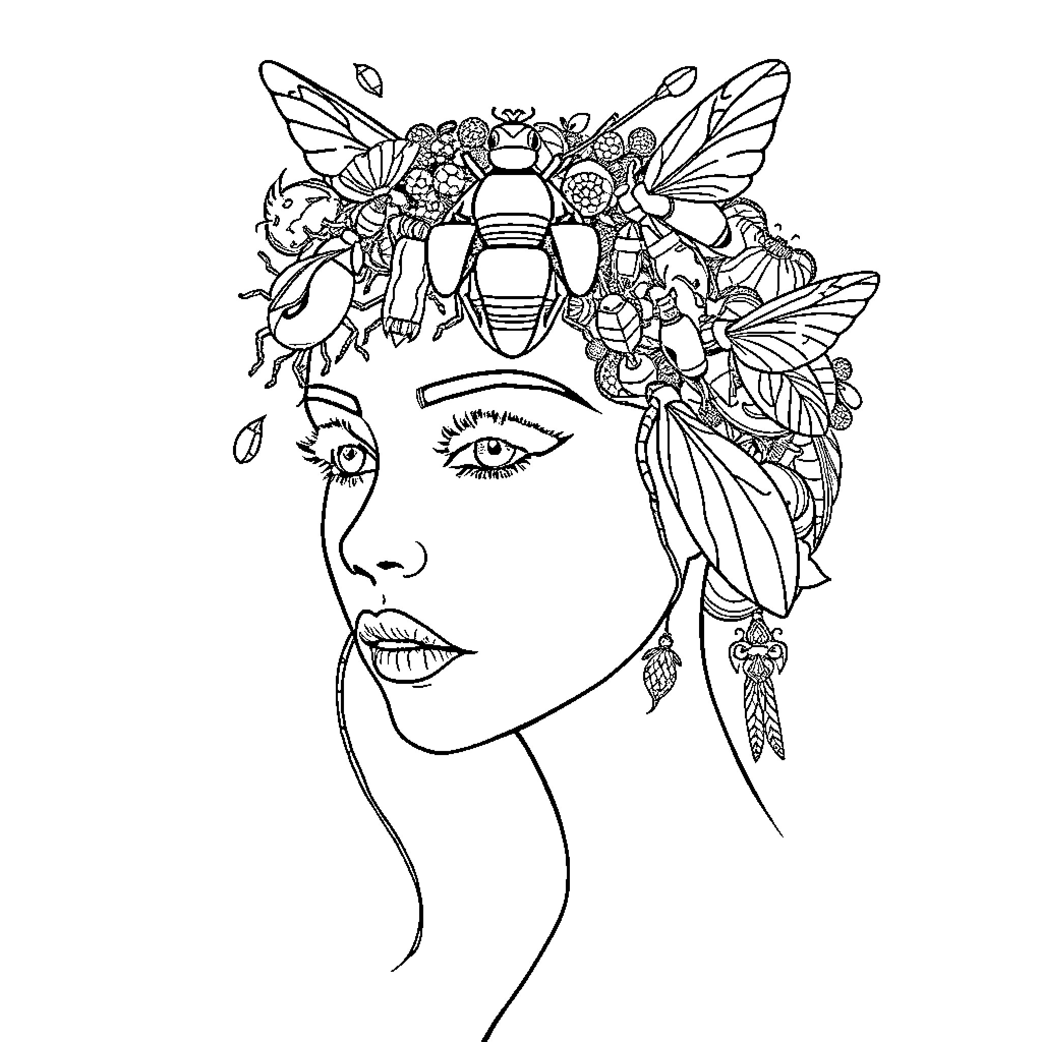 Insect headdress adorning woman's face Coloring Page (free black-and-white line drawing printable PDF for all, from beginners to advanced learners, including children, teens, adults, and seniors)