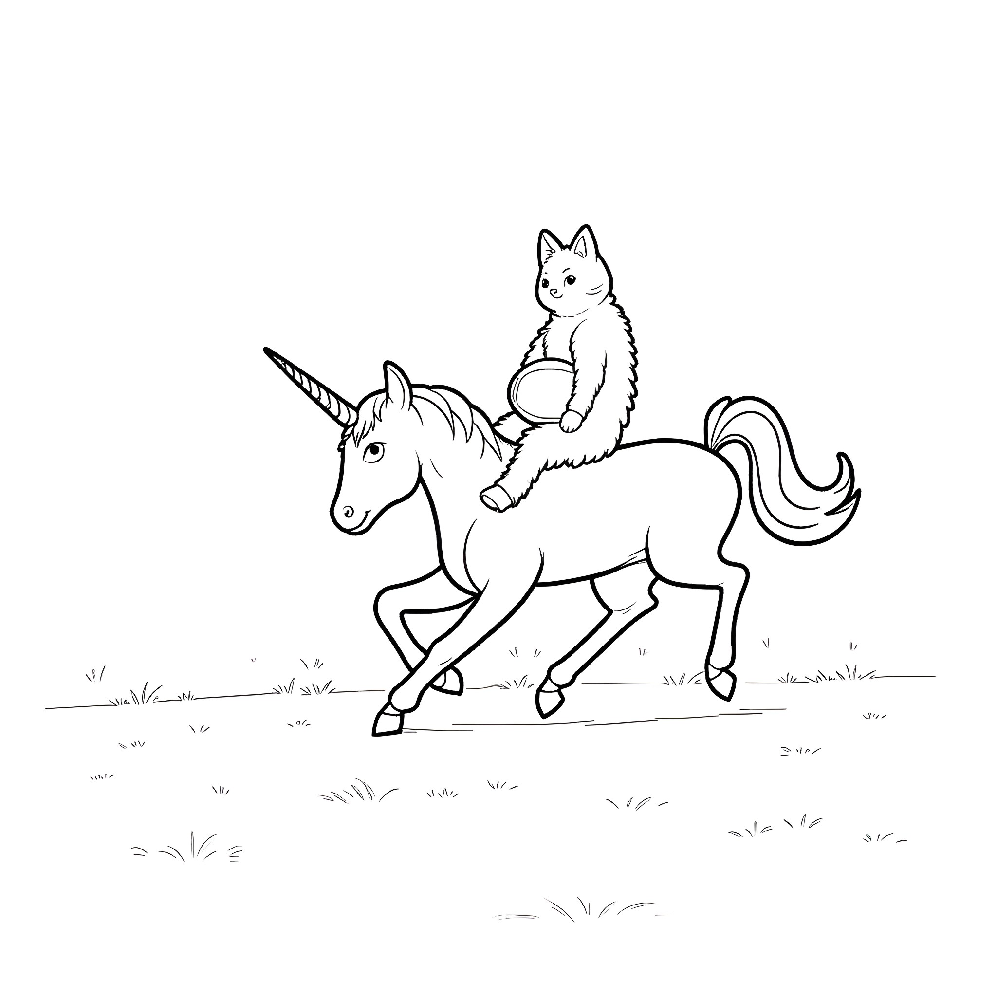 Cat riding a unicorn in a field Coloring Page (free black-and-white line drawing printable PDF for all, from beginners to advanced learners, including children, teens, adults, and seniors)