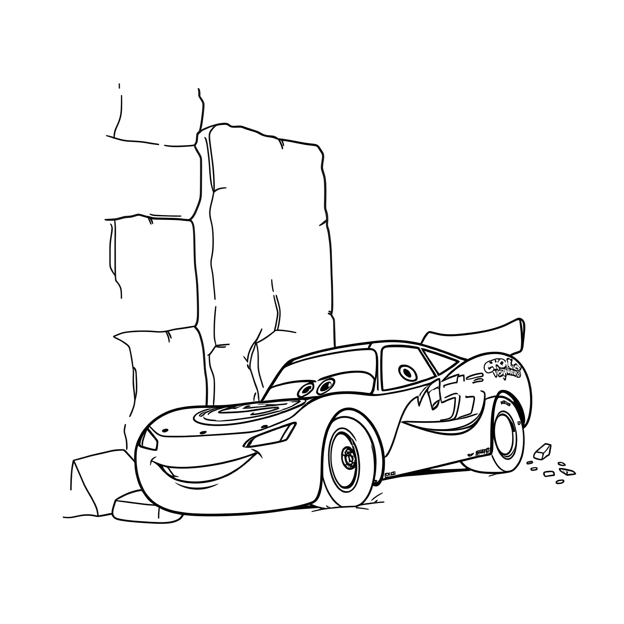 Lightning McQueen racing through a rocky landscape Coloring Page (free black-and-white line drawing printable PDF for all, from beginners to advanced learners, including children, teens, adults, and seniors)