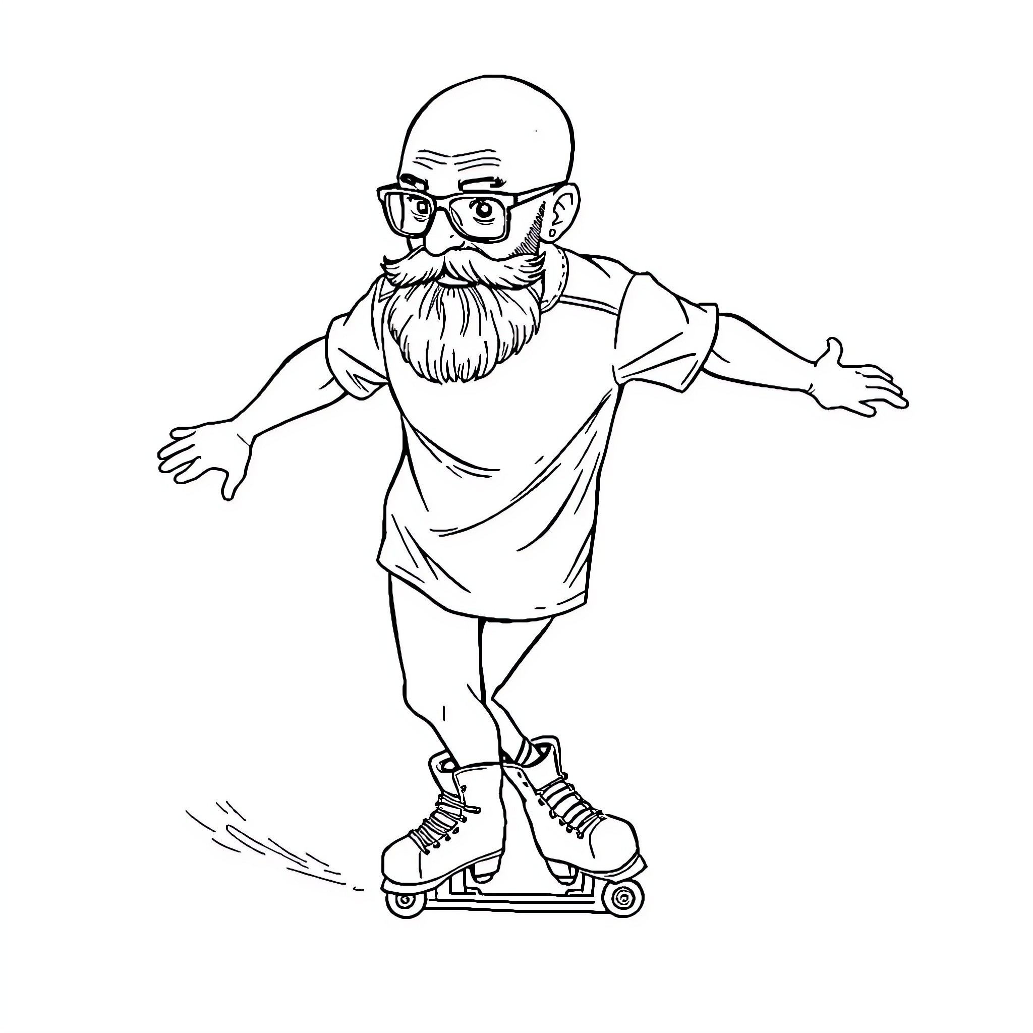 Man riding a scooter with a bearded expression Coloring Page (free black-and-white line drawing printable PDF for all, from beginners to advanced learners, including children, teens, adults, and seniors)