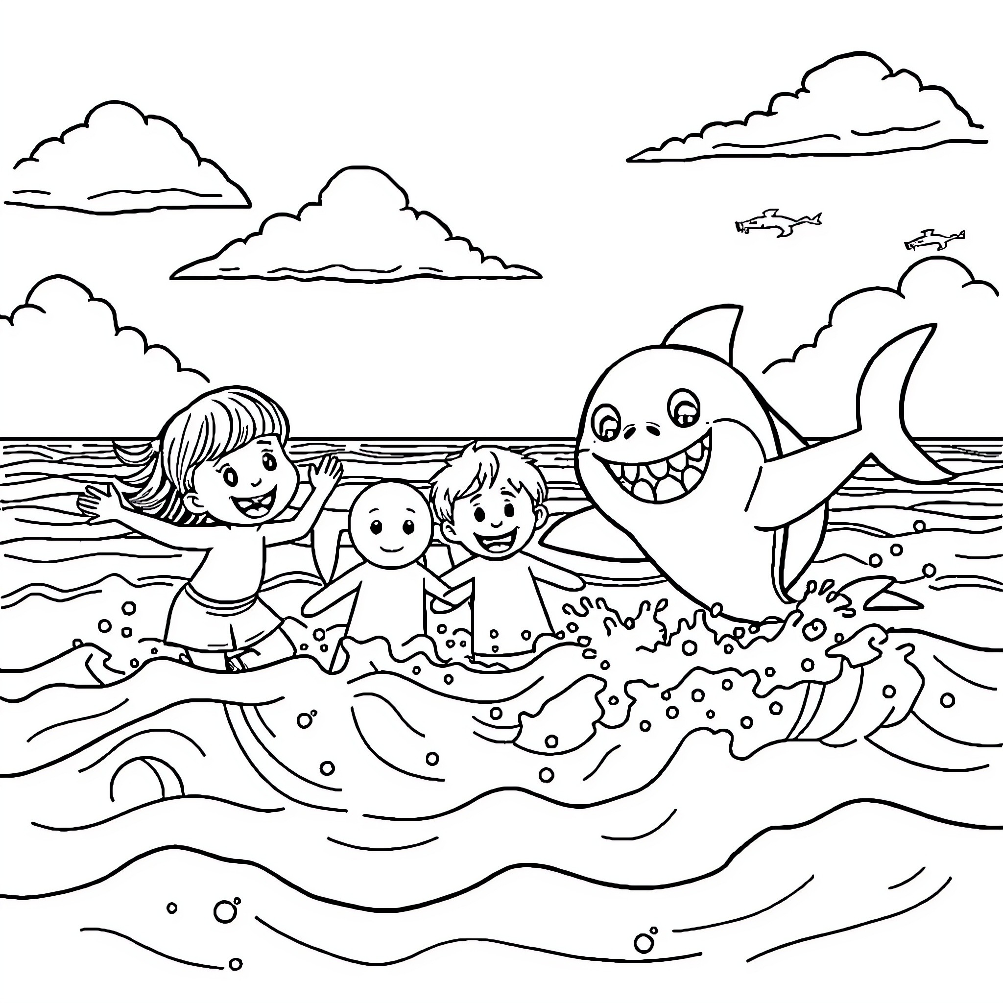 Shark family swimming with children at the beach Coloring Page (free black-and-white line drawing printable PDF for all, from beginners to advanced learners, including children, teens, adults, and seniors)
