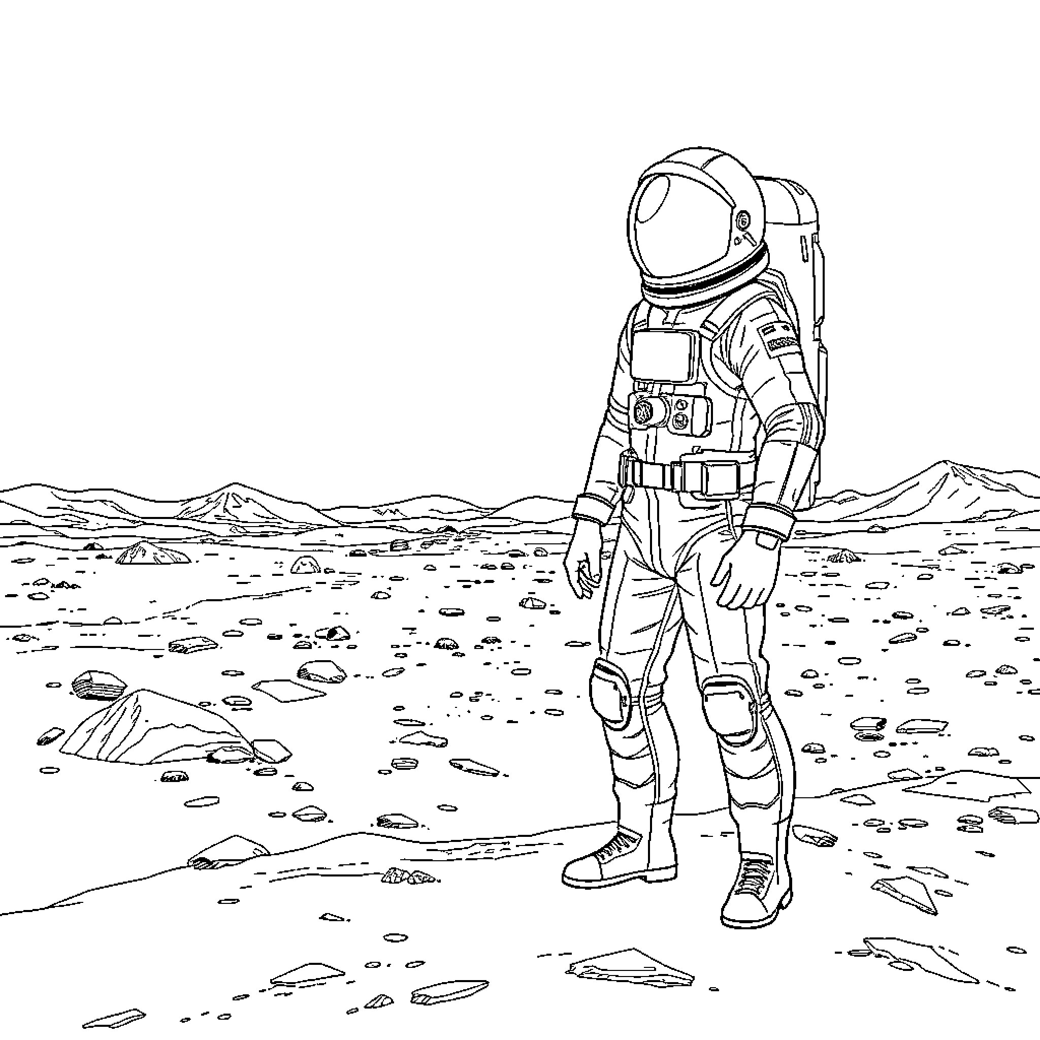 Man exploring the surface of a desolate planet Coloring Page (free black-and-white line drawing printable PDF for all, from beginners to advanced learners, including children, teens, adults, and seniors)