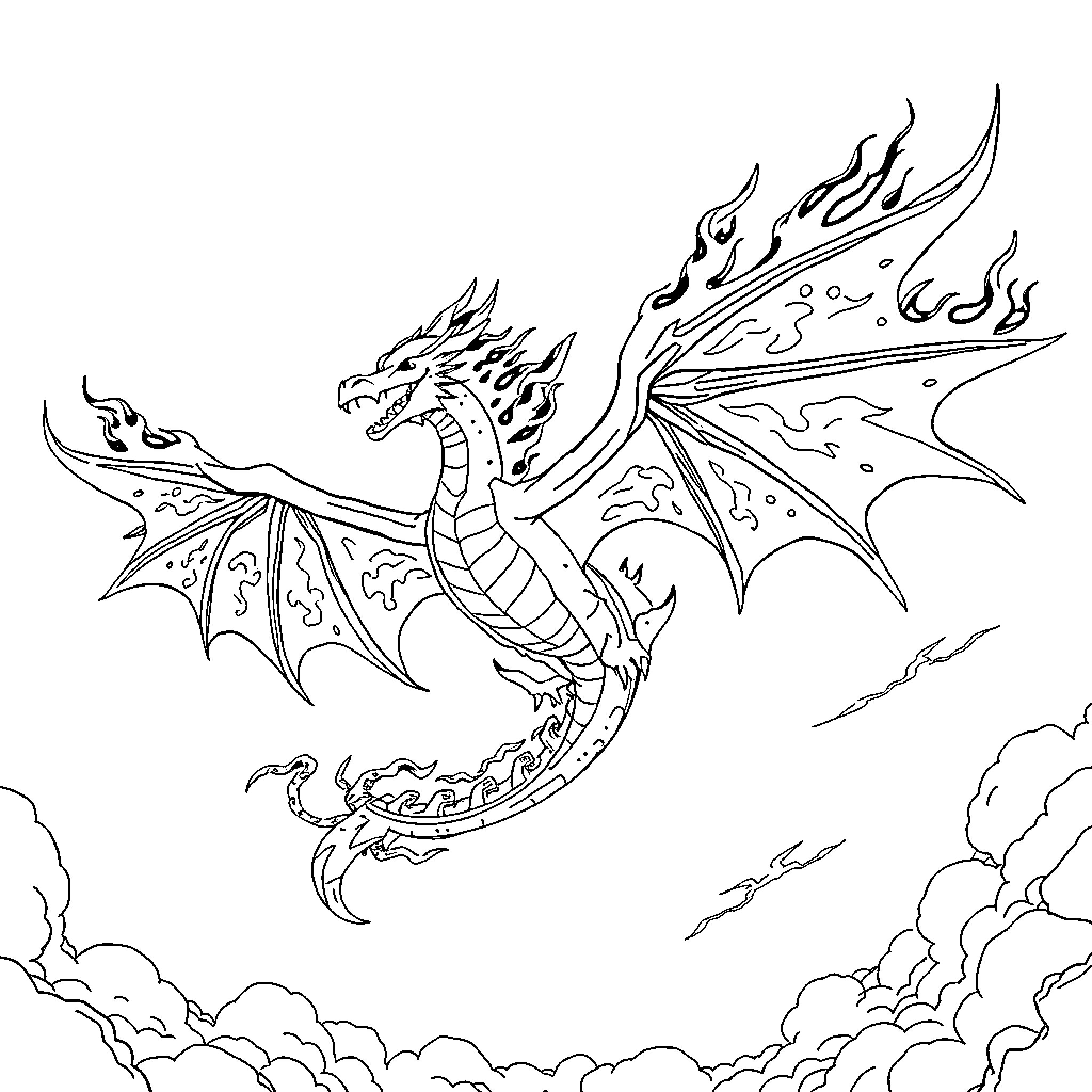 Lavadrache soaring through the clouds Coloring Page (free black-and-white line drawing printable PDF for all, from beginners to advanced learners, including children, teens, adults, and seniors)