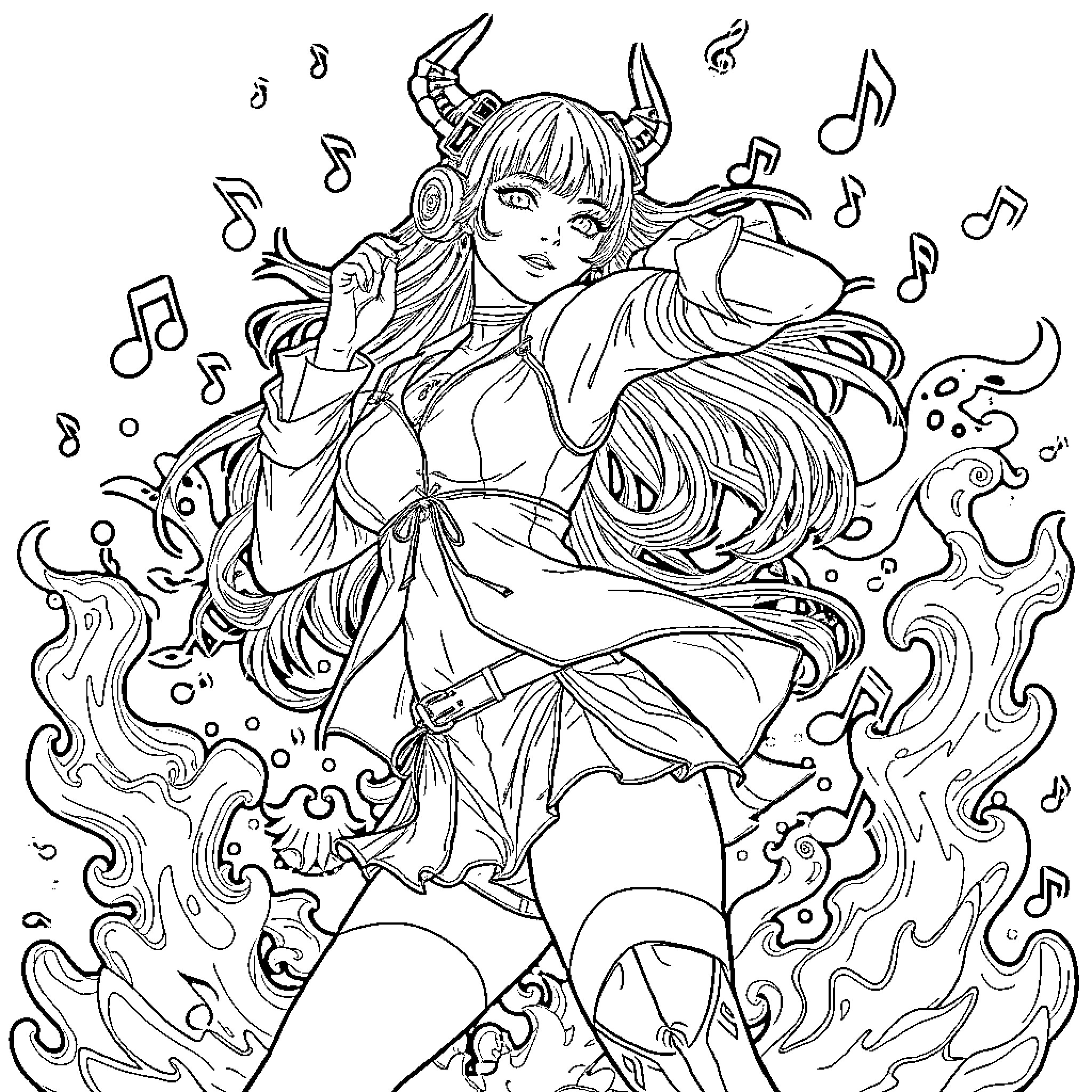 Rumi's Rhythmic Revelry: A Musical Fantasy Coloring Page (free black-and-white line drawing printable PDF for all, from beginners to advanced learners, including children, teens, adults, and seniors)