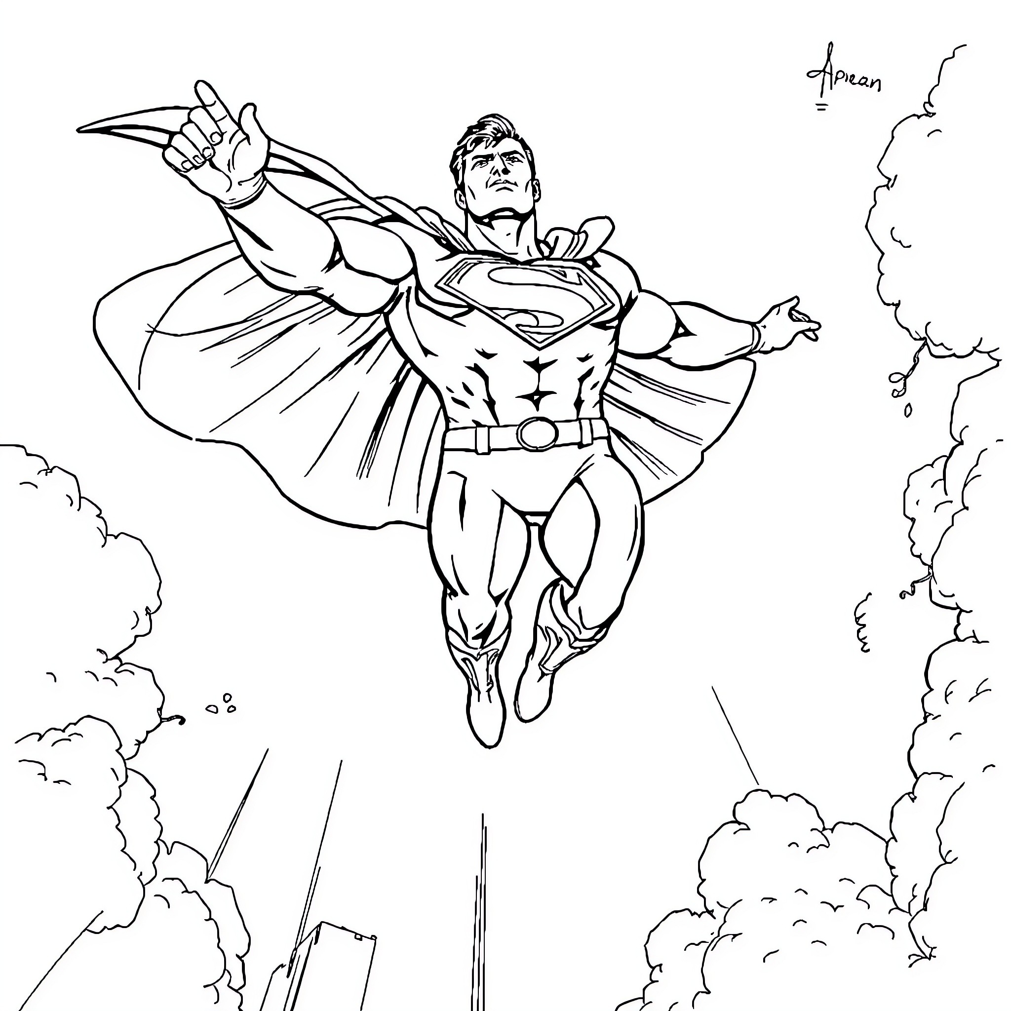 Superman soaring through the sky with power Coloring Page (free black-and-white line drawing printable PDF for all, from beginners to advanced learners, including children, teens, adults, and seniors)