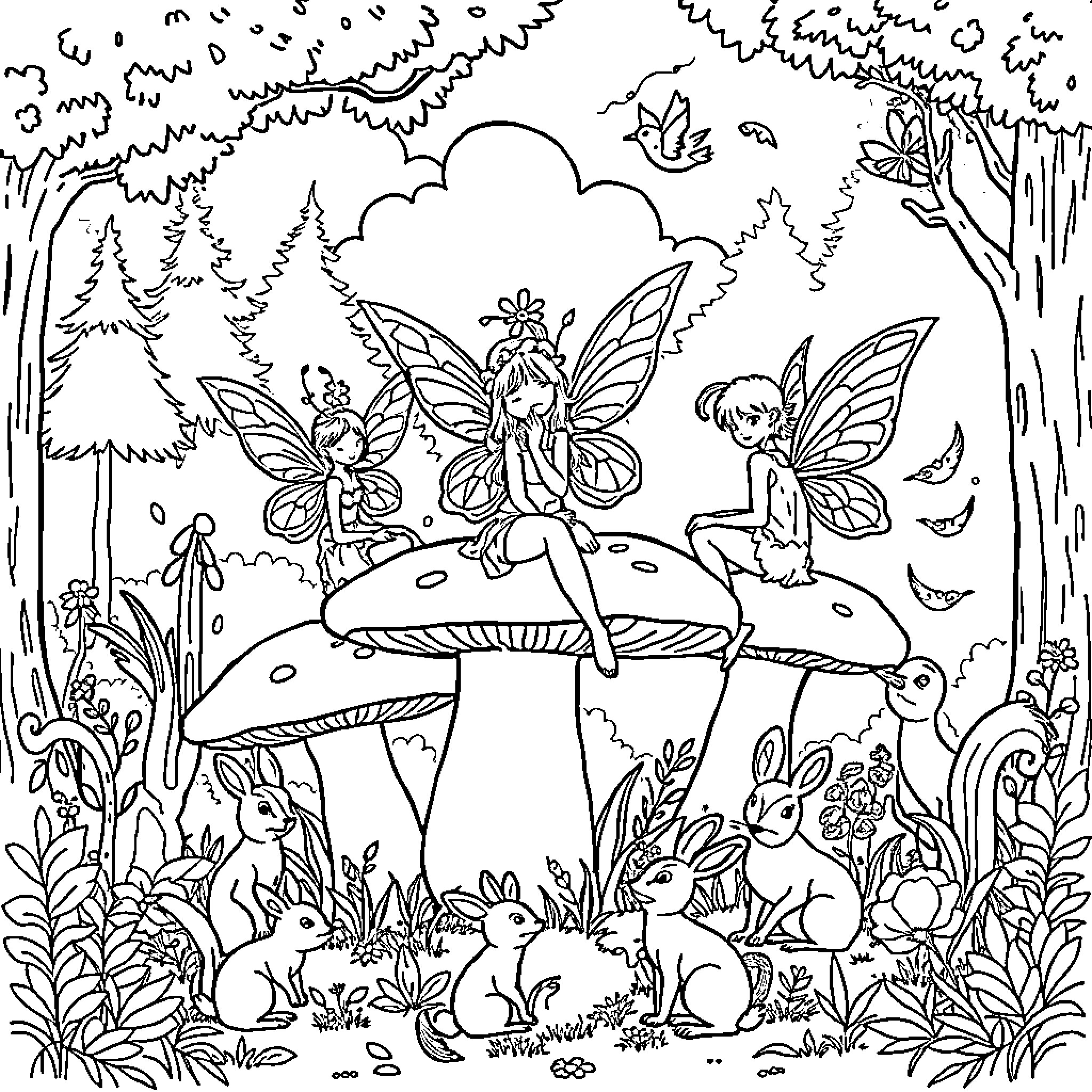 Fairy Fairies and Woodland Creatures in Enchanted Forest Coloring Page (free black-and-white line drawing printable PDF for all, from beginners to advanced learners, including children, teens, adults, and seniors)