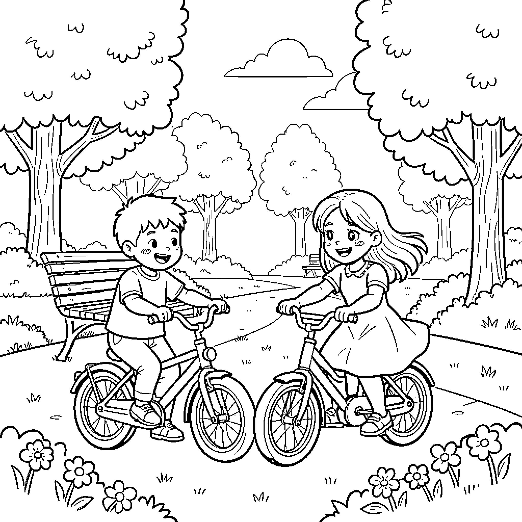 Frère et Sœur riding bicycles through a park Coloring Page (free black-and-white line drawing printable PDF for all, from beginners to advanced learners, including children, teens, adults, and seniors)