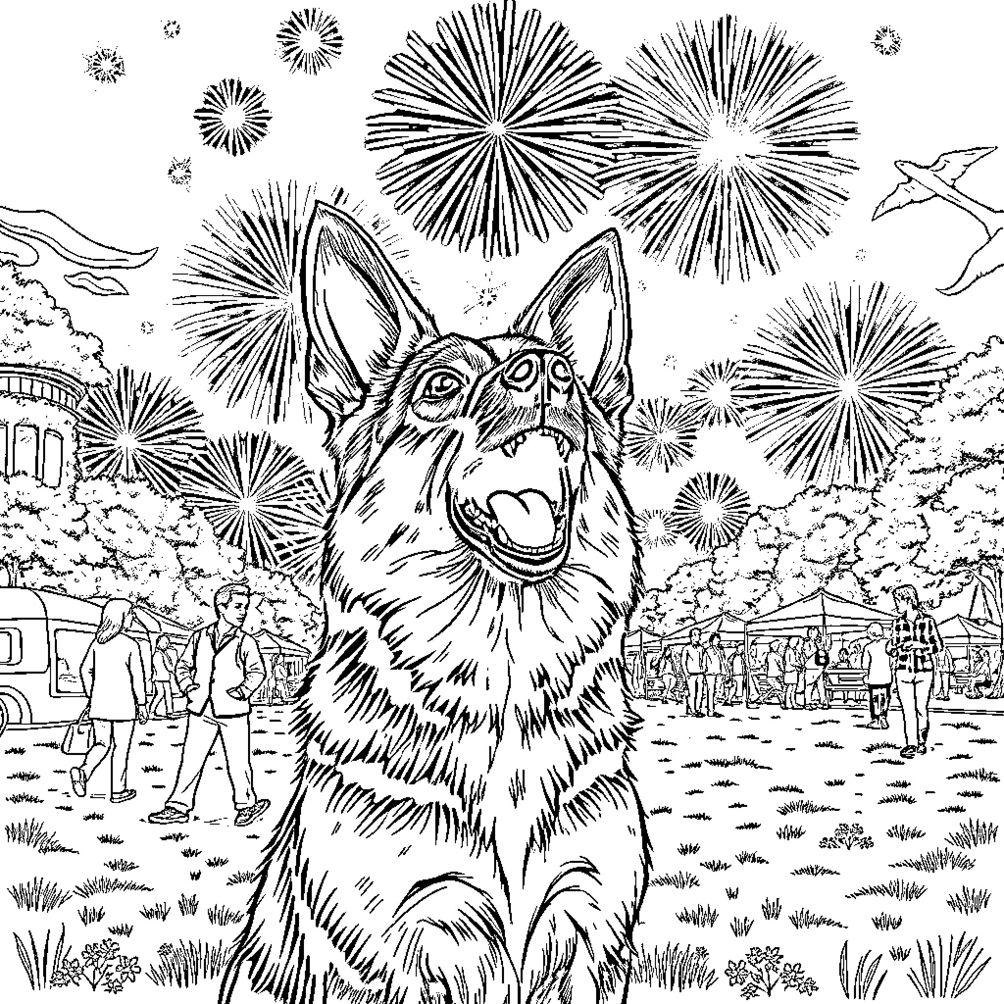German Shepherd enjoying fireworks display Coloring Page (free black-and-white line drawing printable PDF for all, from beginners to advanced learners, including children, teens, adults, and seniors)