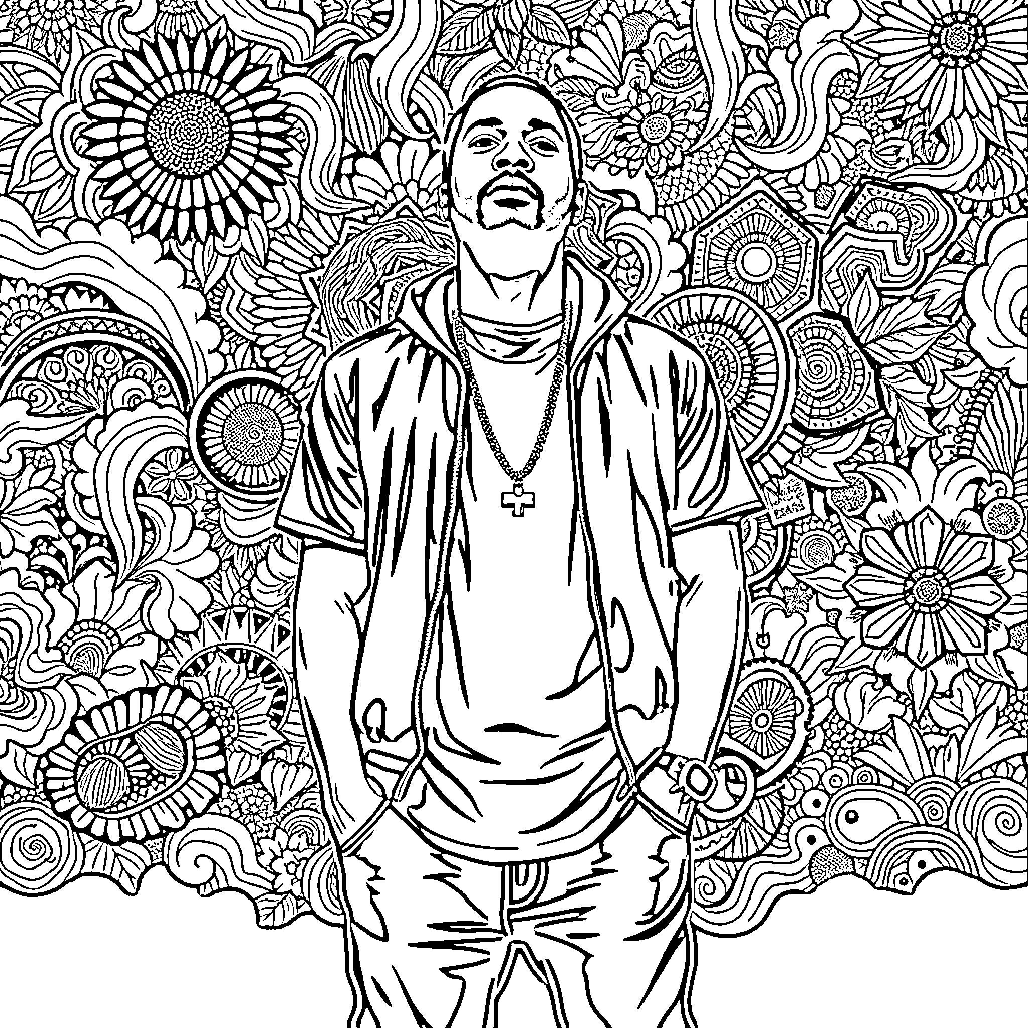 Kendrick Lamar surrounded by vibrant floral patterns Coloring Page (free black-and-white line drawing printable PDF for all, from beginners to advanced learners, including children, teens, adults, and seniors)