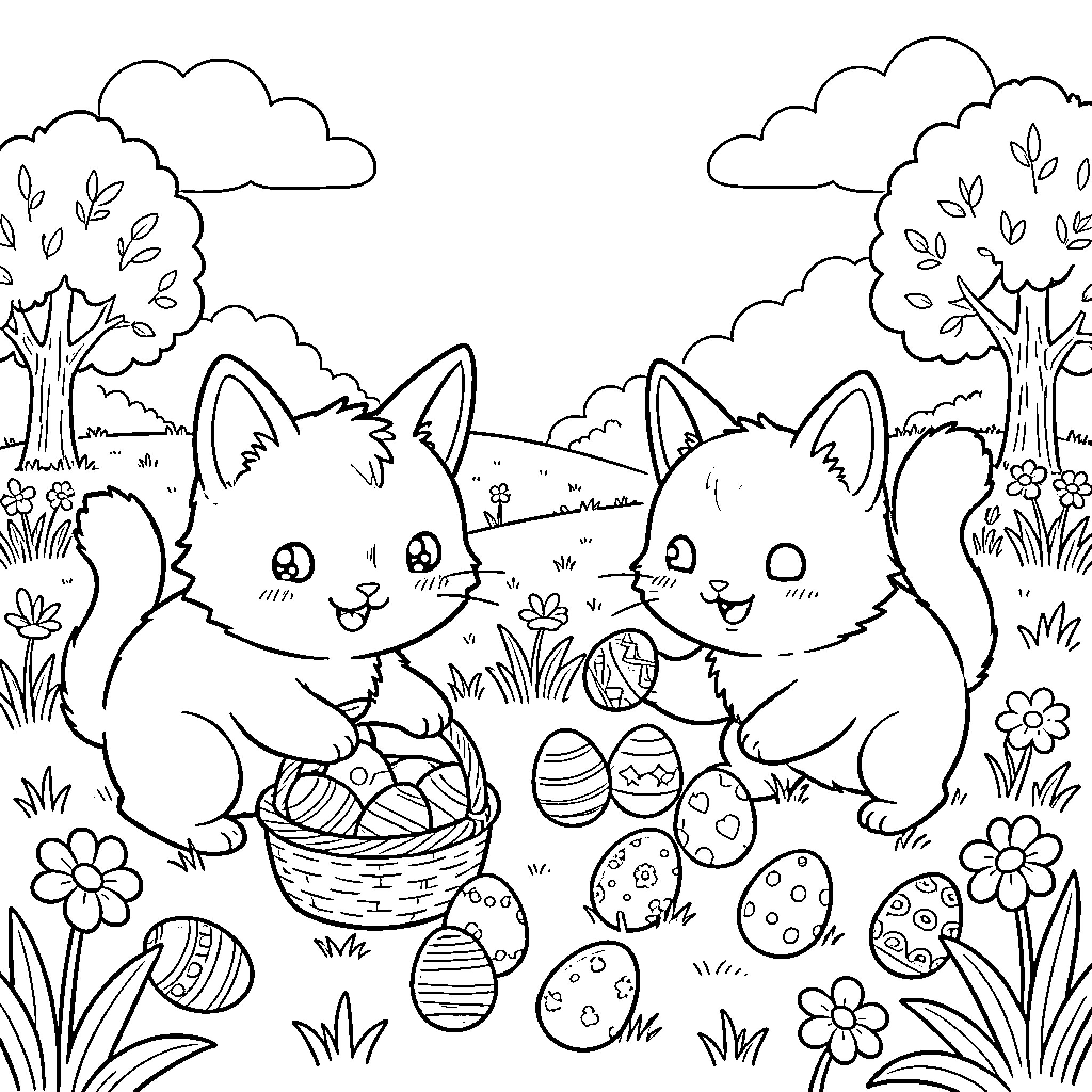 Easter Cats Playing with Eggs in Nature Coloring Page (free black-and-white line drawing printable PDF for all, from beginners to advanced learners, including children, teens, adults, and seniors)