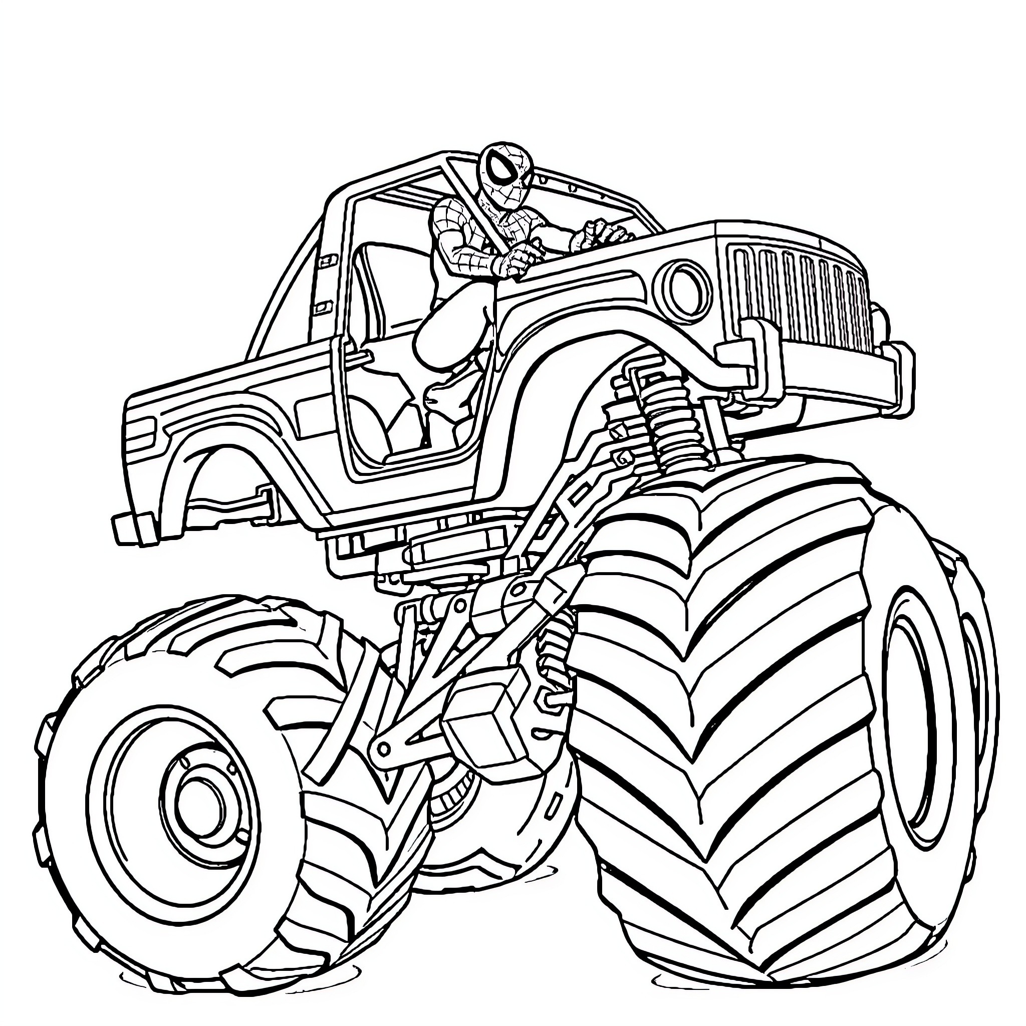 Spider-Man driving a monster truck through the city Coloring Page (free black-and-white line drawing printable PDF for all, from beginners to advanced learners, including children, teens, adults, and seniors)