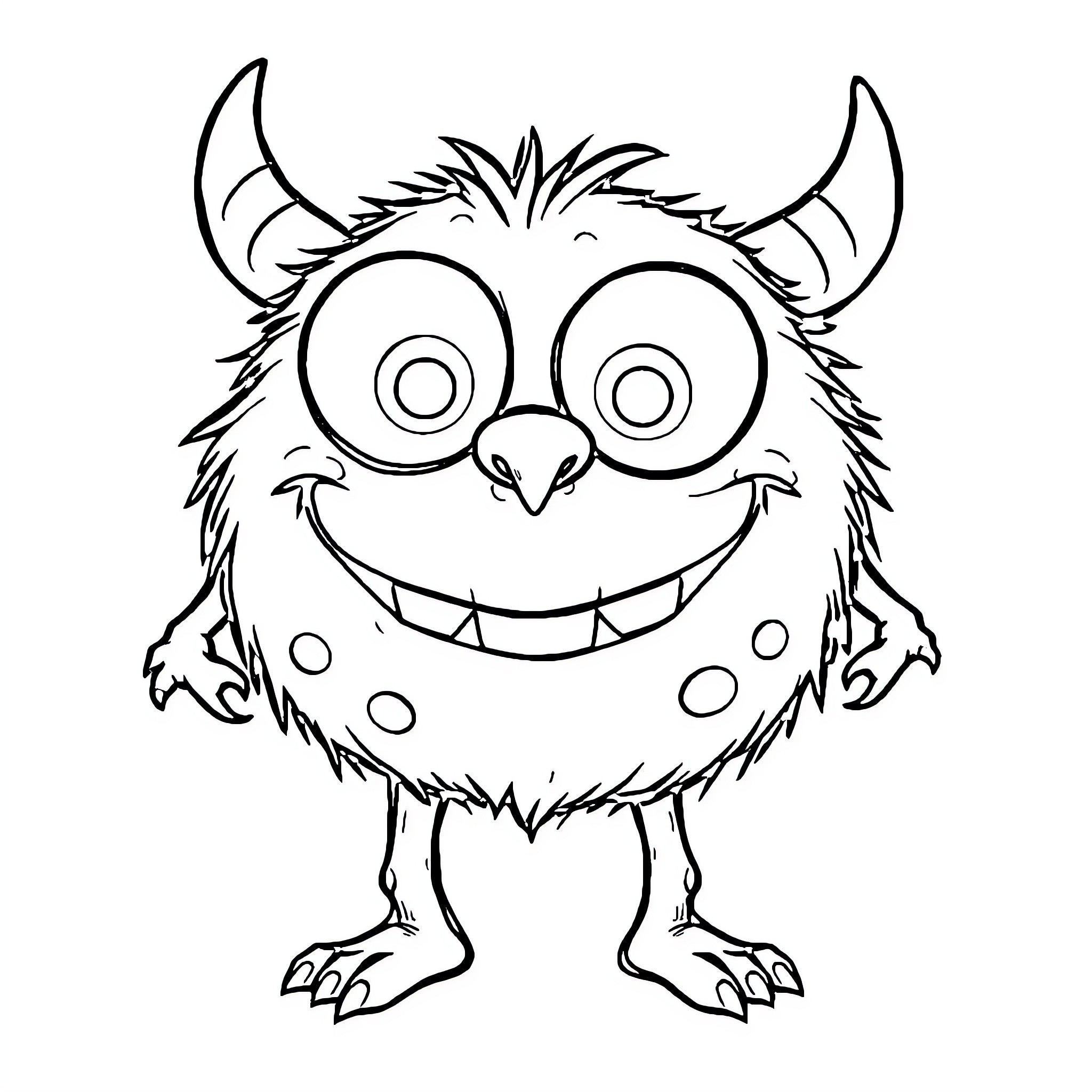 Monster with Goofy Expression and Funny Appearance Coloring Page (free black-and-white line drawing printable PDF for all, from beginners to advanced learners, including children, teens, adults, and seniors)