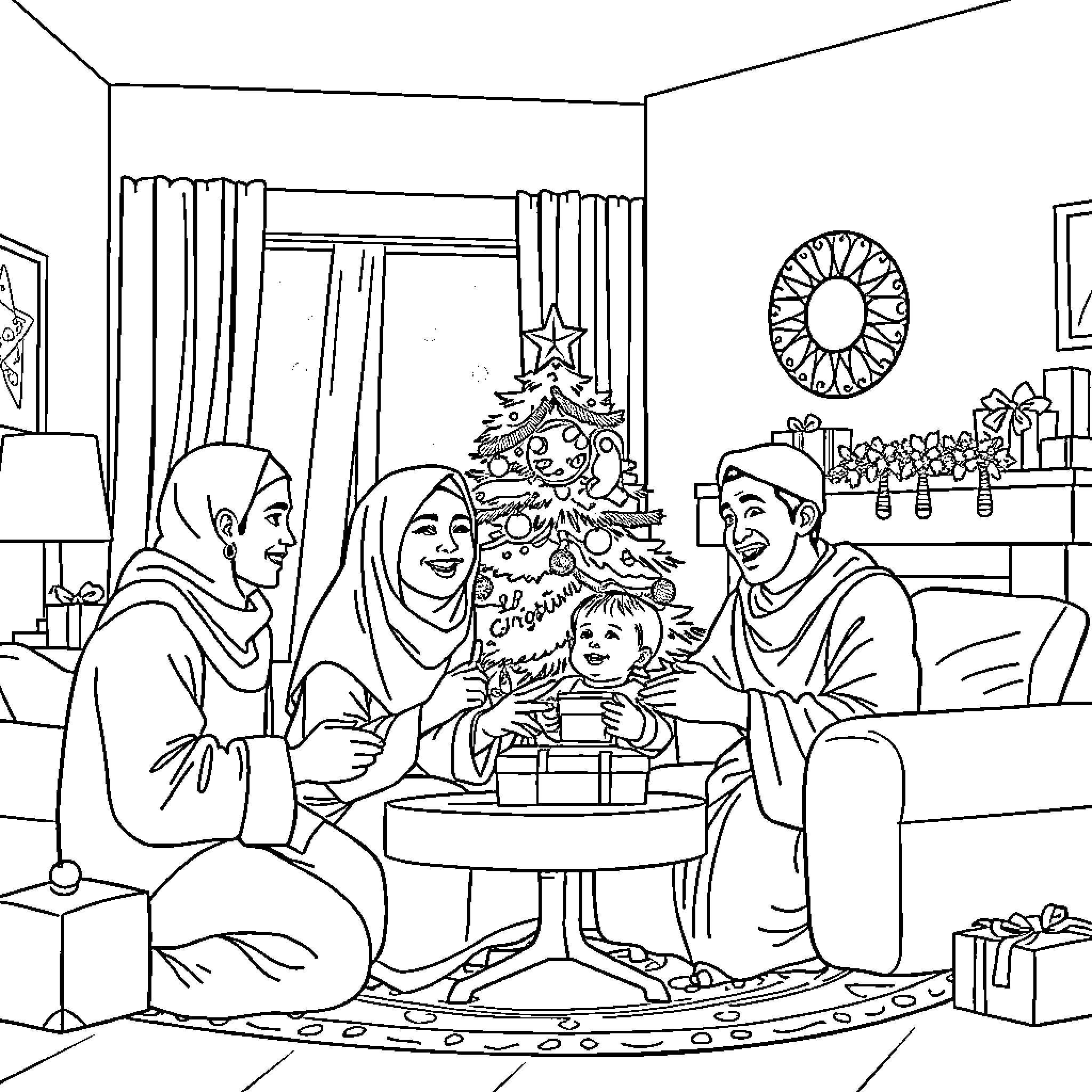 Family Celebrating Christmas Together Coloring Page (free black-and-white line drawing printable PDF for all, from beginners to advanced learners, including children, teens, adults, and seniors)